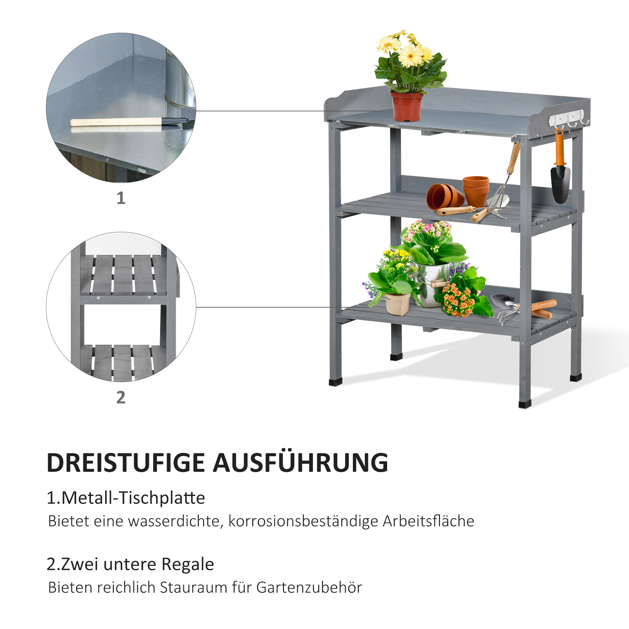 Pflanztisch Gärtnertisch kukkapöytä metallisella työtasolla, harmaa, 76 x 37 x 89 cm - Image 4