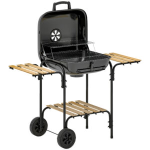 Puusöegrill käruga, teras, must, 98 x 54 x 91 cm