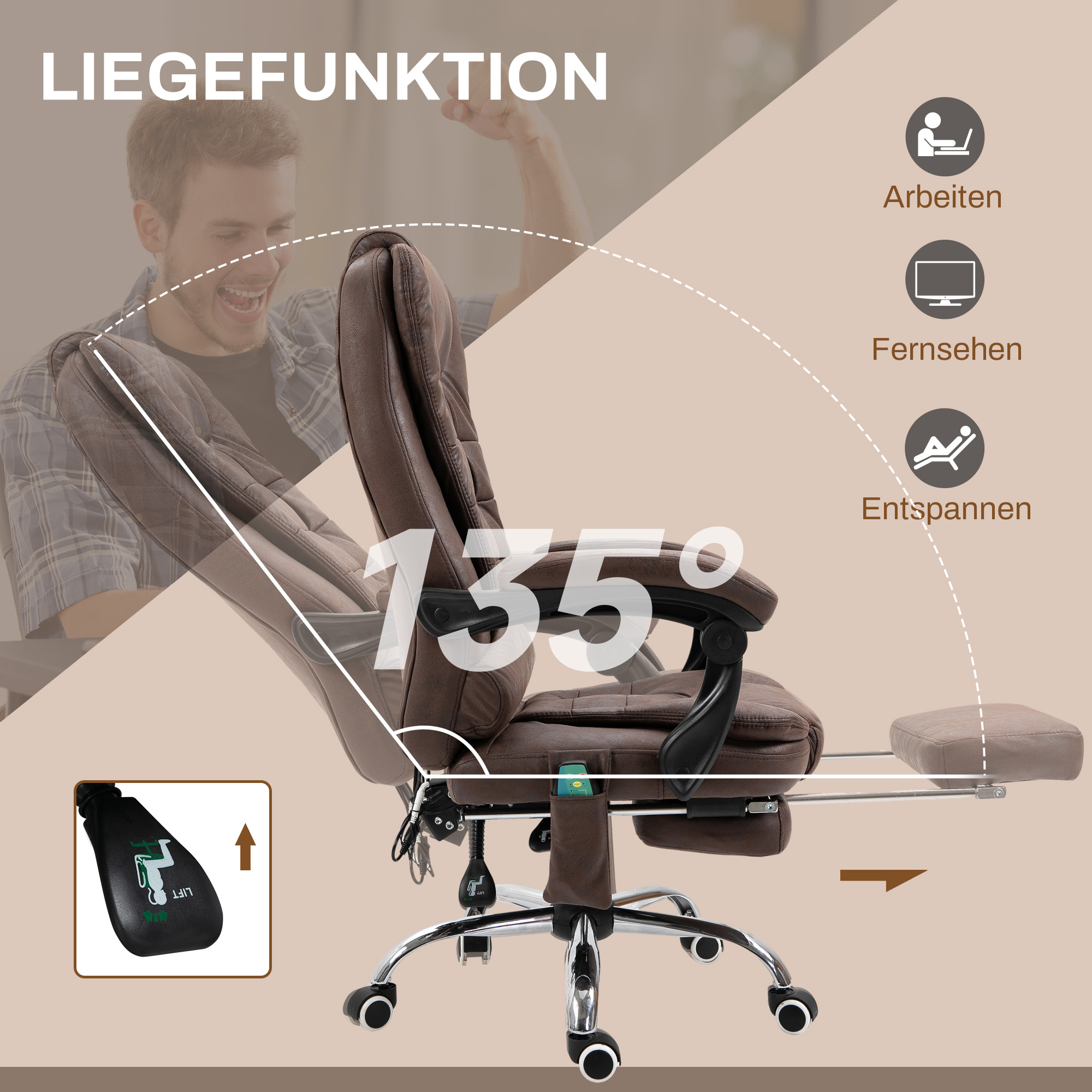 Masažinė biuro kėdė su gulėjimo ir šildymo funkcija, sukinėjama, ergonomiška, ruda, iki 120 kg - Image 5
