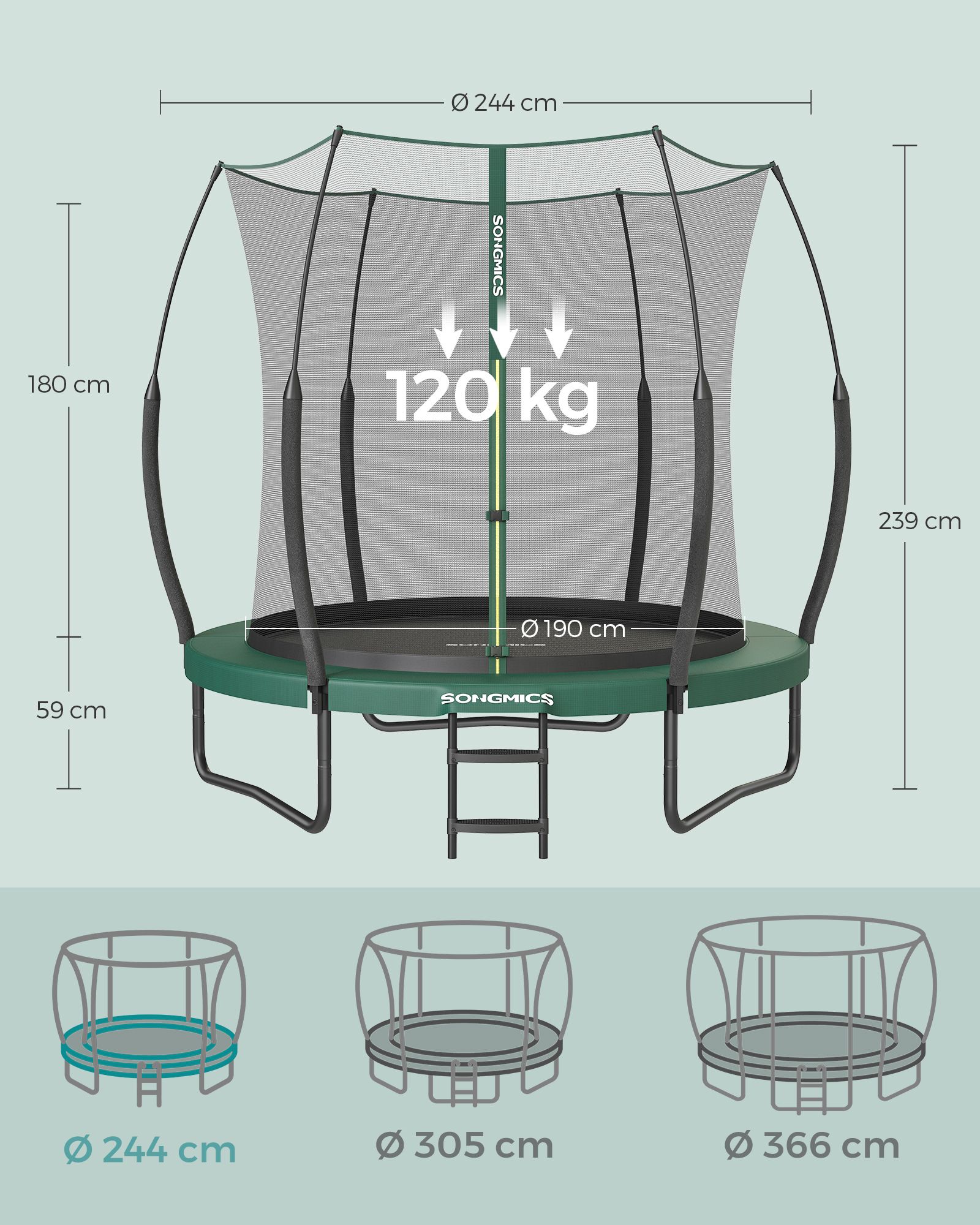 Lauko batutas su apsauginiu tinklu ir užtrauktuku, 244 x 239 cm, žalias - Image 7