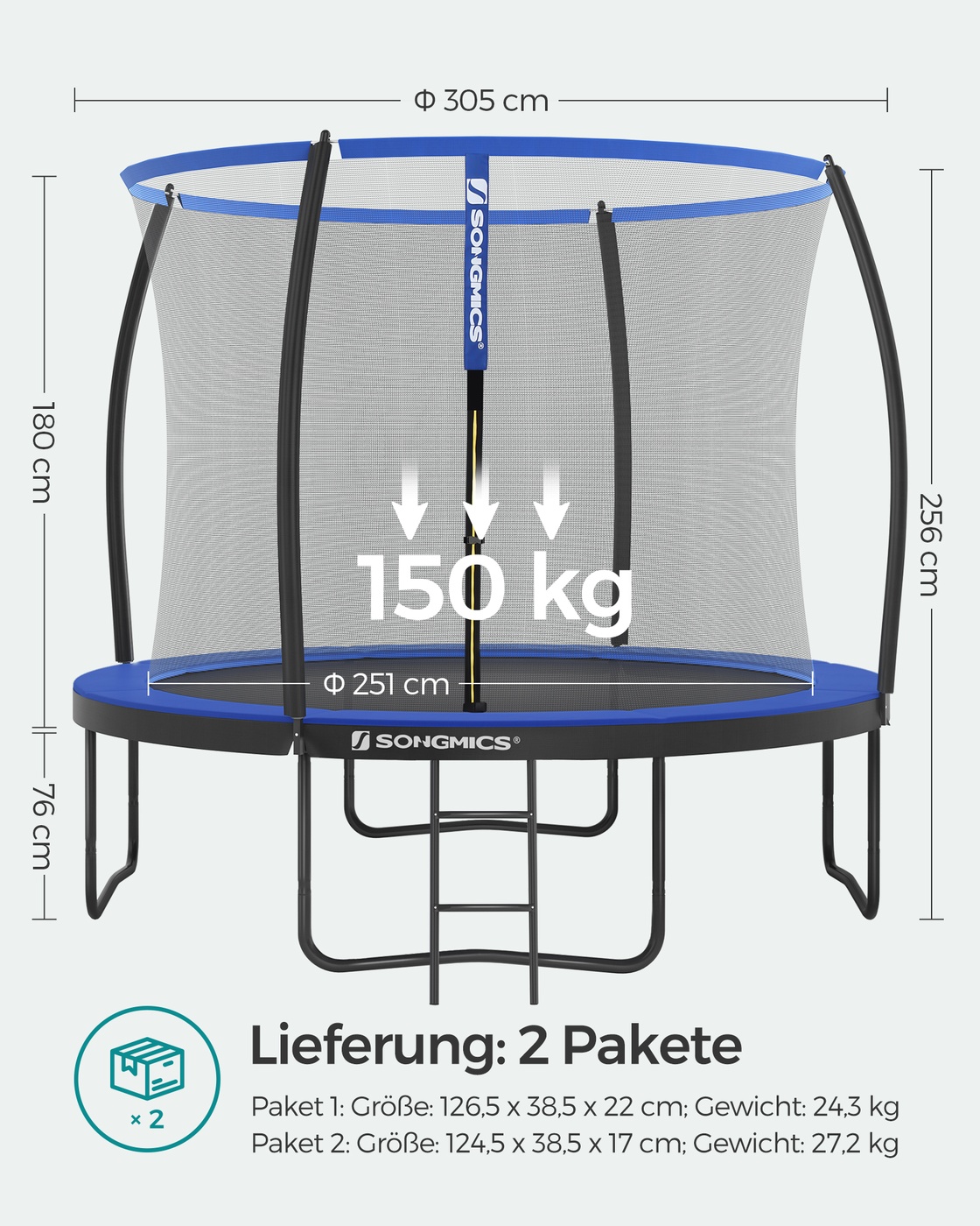 Sodo batutas, apvalus, Ø 305 cm, su apsauginiu tinklu ir kopėčiomis, juodas/mėlynas - Image 7