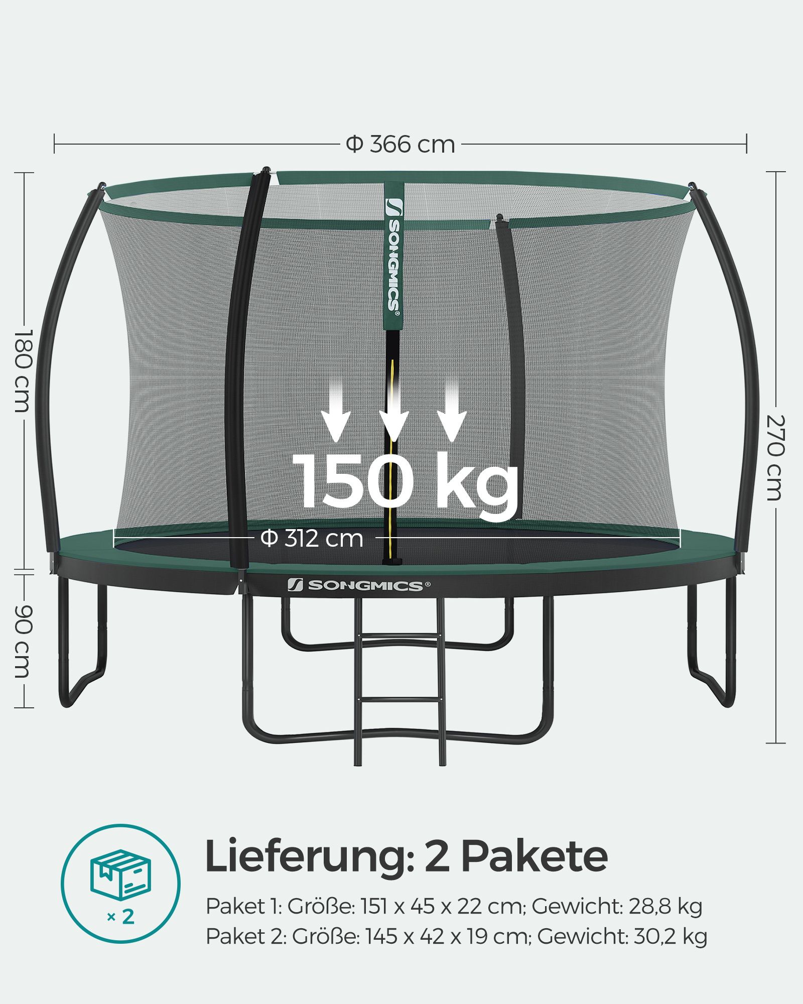 Batutas sodui, apvalus, Ø 366 cm, su apsauginiu tinklu ir kopėčiomis, juodas-tamsiai žalias - Image 7