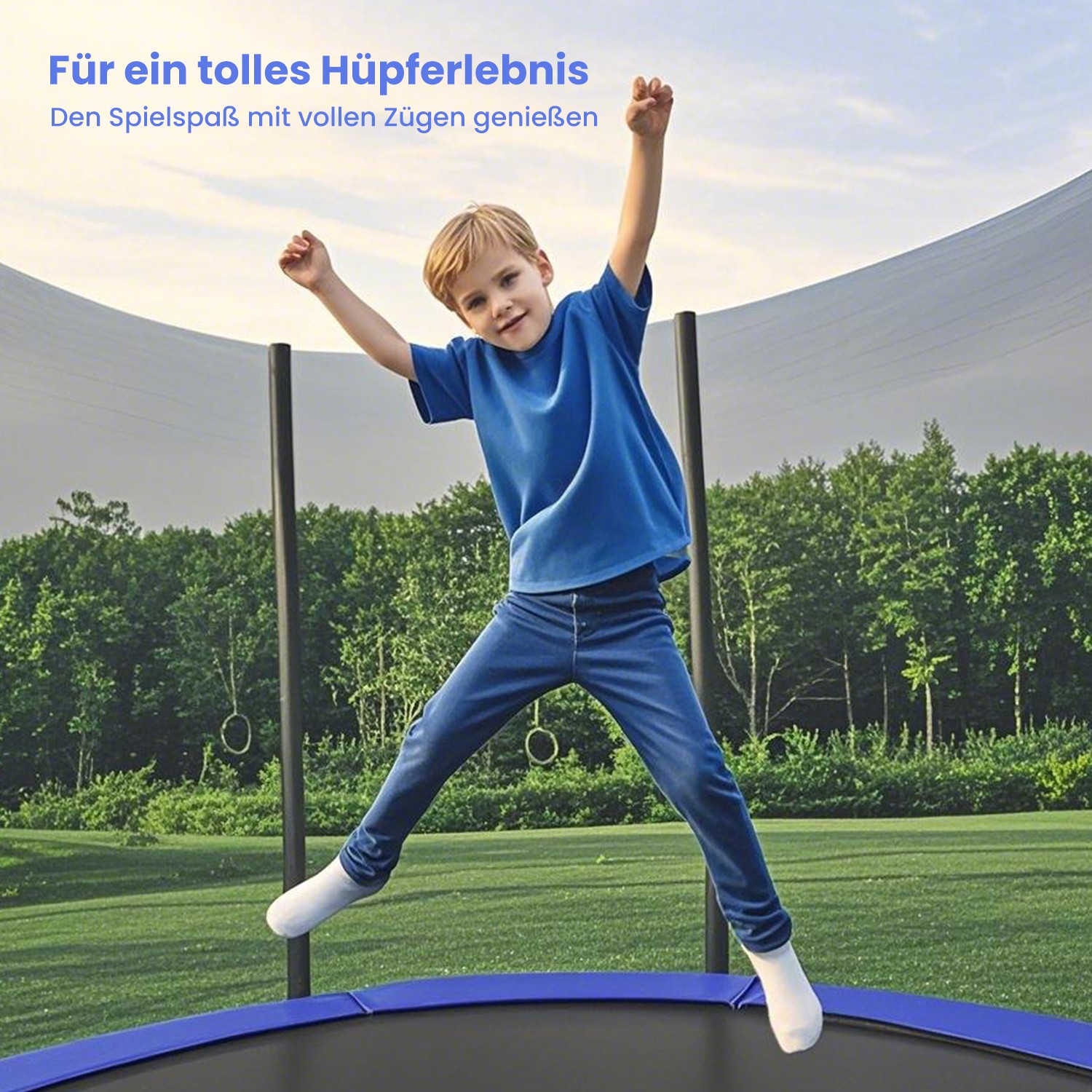Trampoliini 305 cm turvaverkolla, tikkailla ja teräsrungolla, sininen - Image 3