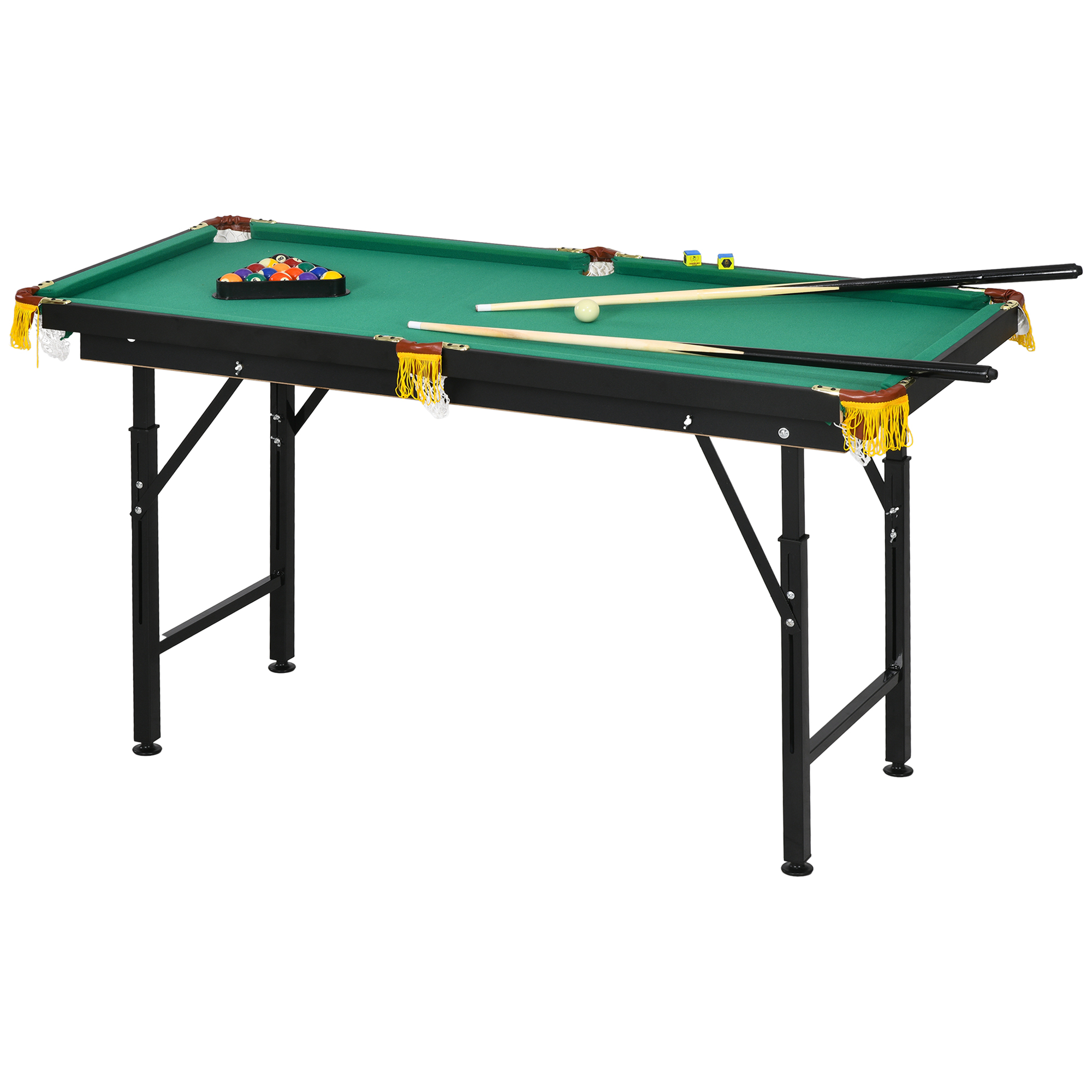 Salokāms biljarda galds ar regulējamu augstumu, zaļš, 140 x 63 x 55-75 cm, ar 2 nūjām un 16 bumbām