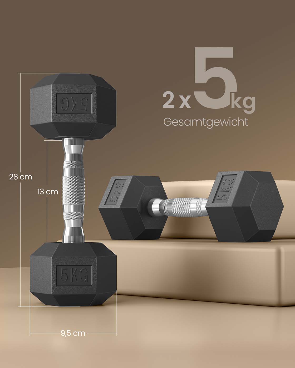 Hanteļu komplekts, 2 gab., 10 kg, sešstūra forma, melns, plastmasa un čuguns - Image 6