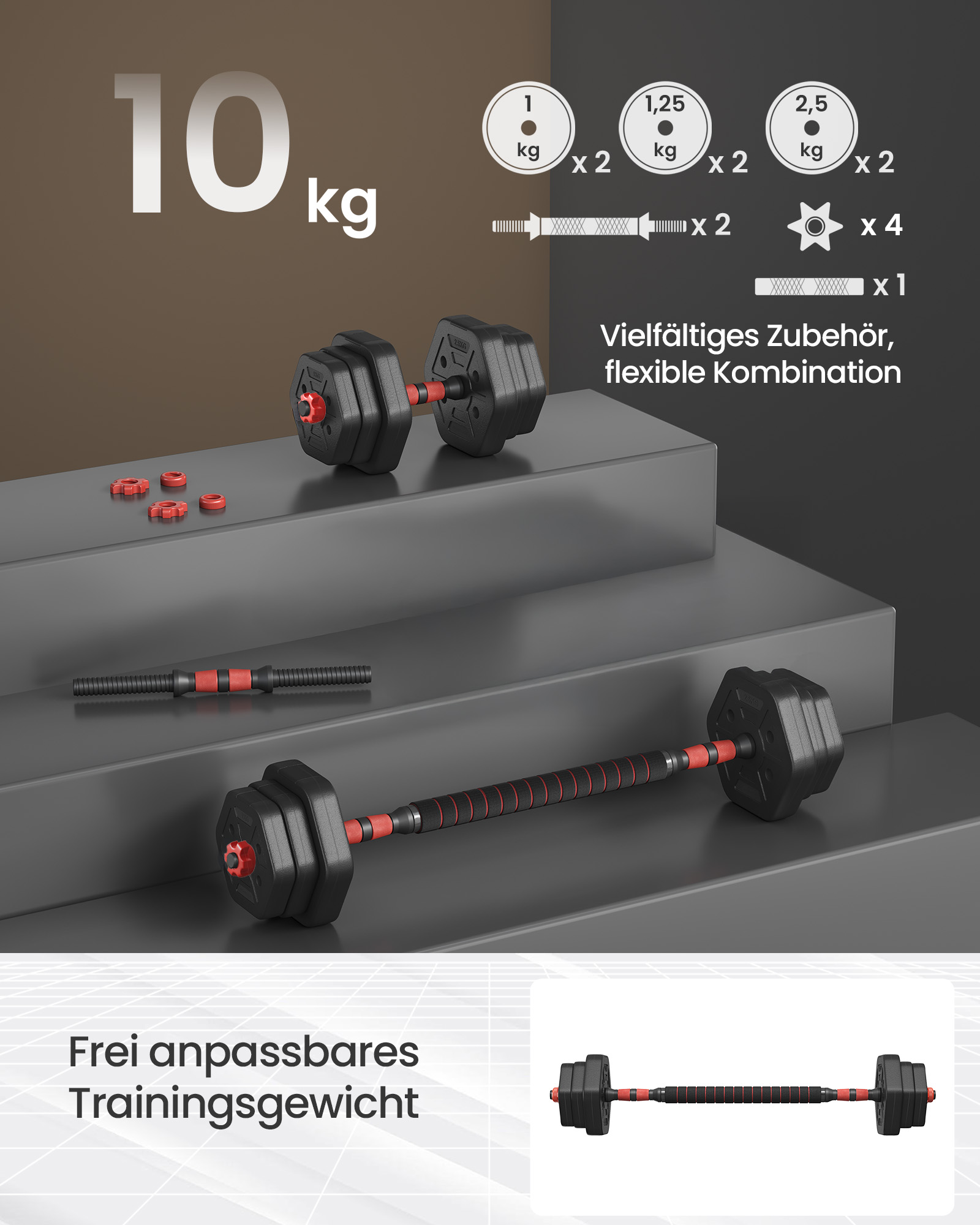 Hantelių rinkinys su jungiamuoju strypu, 10 kg, juodas, šešiakampis - Image 4
