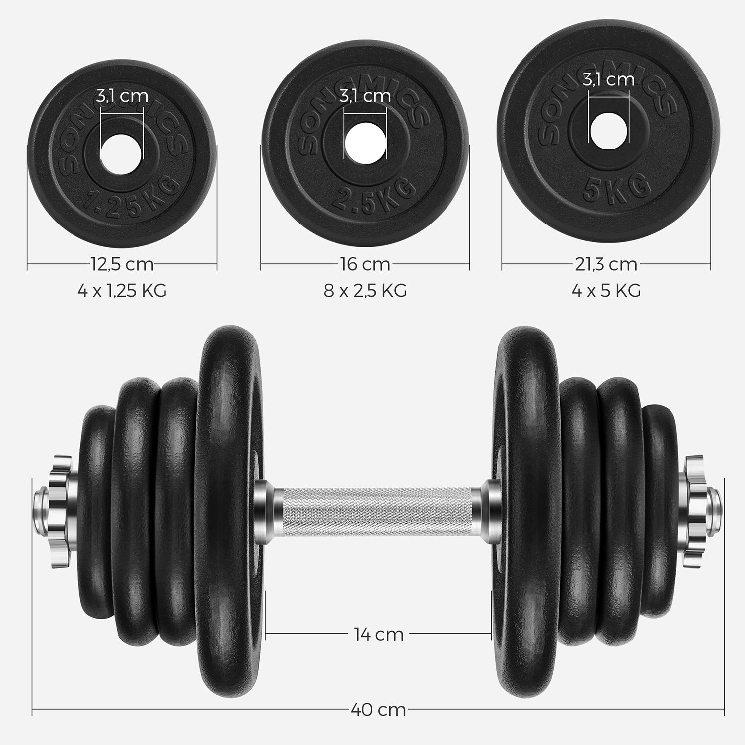 Regulējams čuguna hantelju komplekts, 50 kg, melns - Image 7