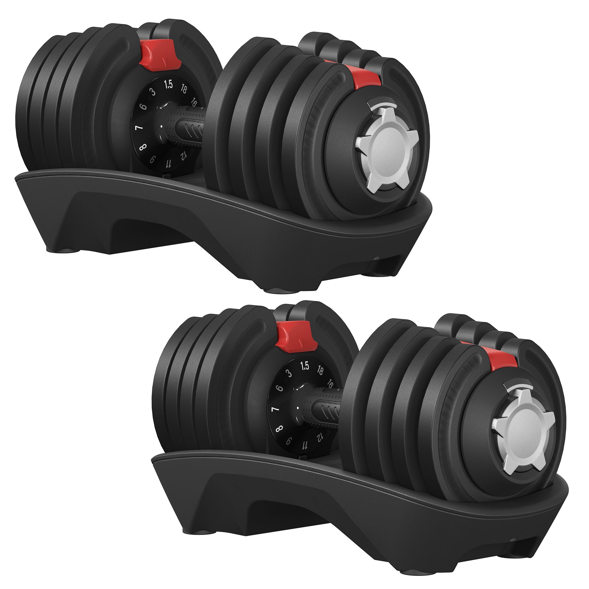 Reguleeritavate hantlite komplekt, 2 tk, 12-in-1, teras ja ABS, must-punane