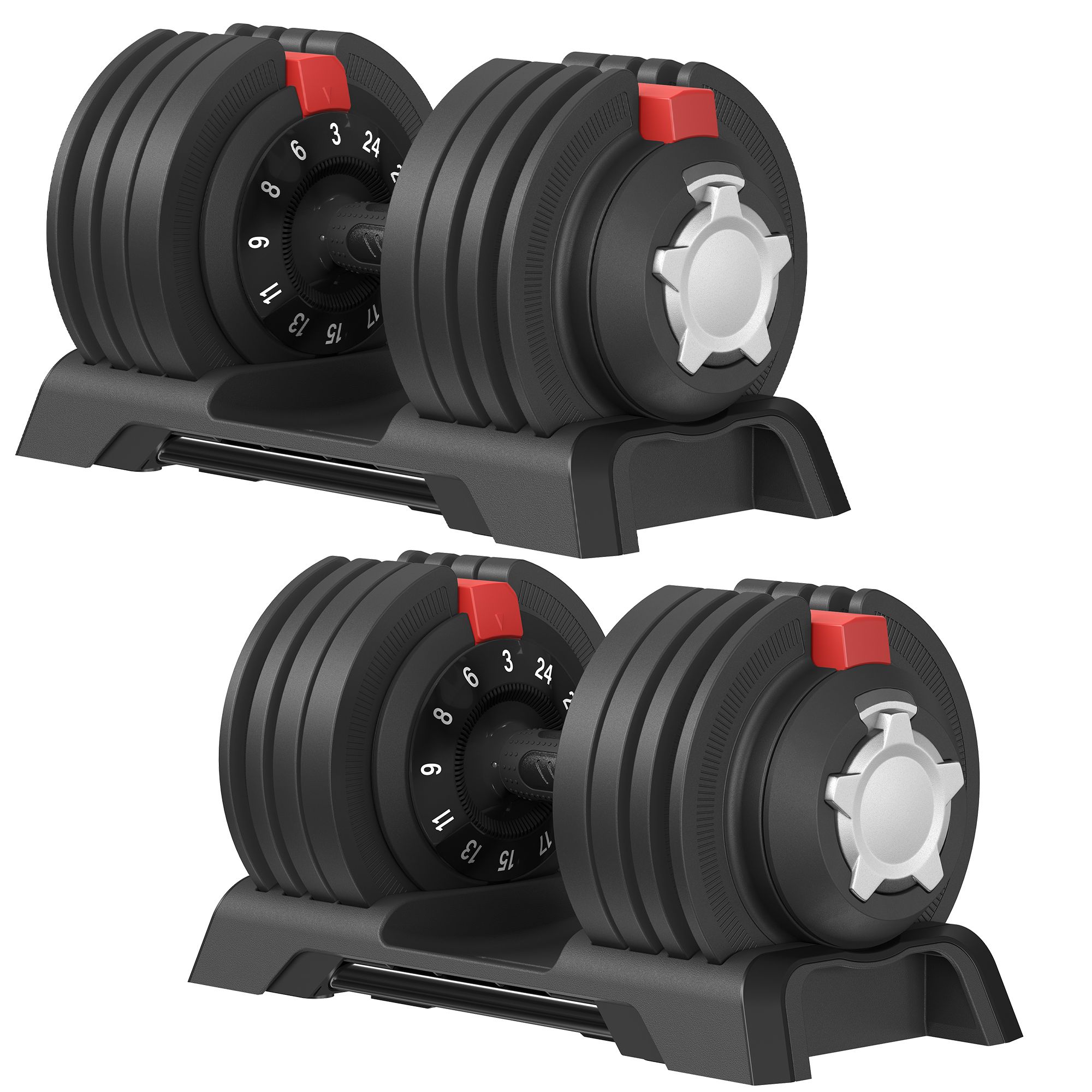Reguleeritavate hantlite komplekt, 2 tk, 12-in-1, must-punane, 40 x 20 x 21 cm