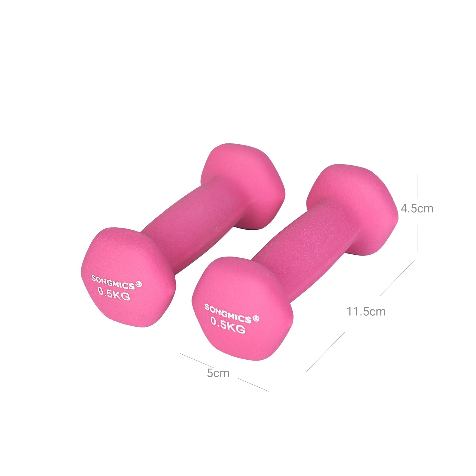 Käsipainot, 2 kpl x 0,5 kg, vinyylipinnoitettu valurauta, pinkki, 11,5 x 5 x 4,5 cm - Image 5