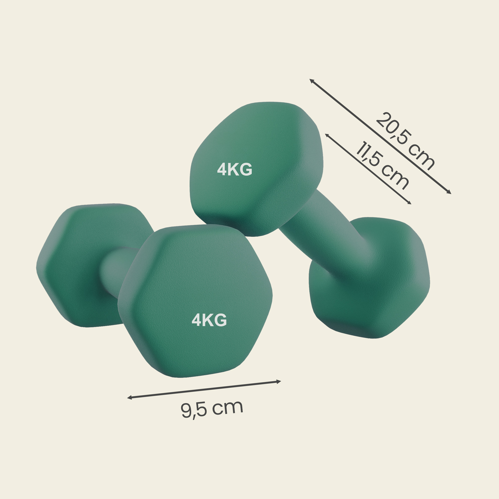 Hanteles, 2 gab. komplekts, 2 x 4 kg, čuguns ar neoprēna pārklājumu, zaļas - Image 3
