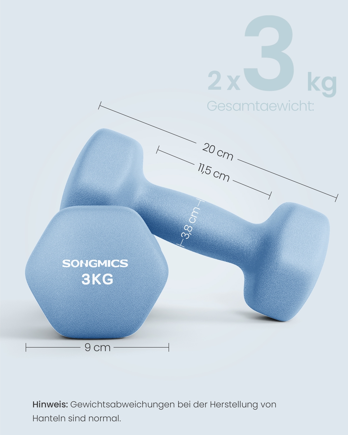 Kuusikulmainen käsipainosetti kotiin, 2 kpl, 2 x 3 kg, vaaleansininen, neopreenipinnoite - Image 7