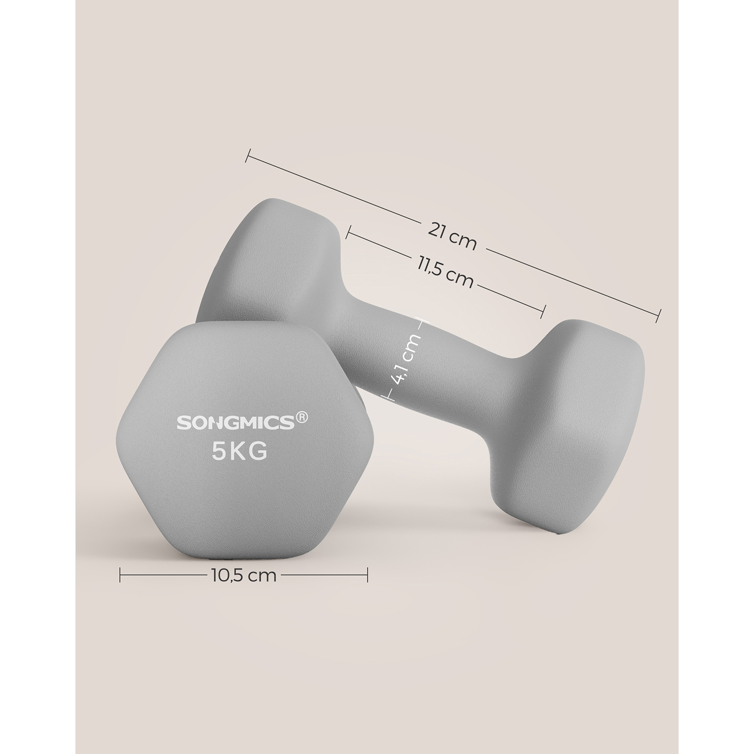 Käsipainosetti, 2 kpl, harmaa, valurauta neopreenipinnoitteella, 2 x 5 kg, 21 x 10,5 cm - Image 7