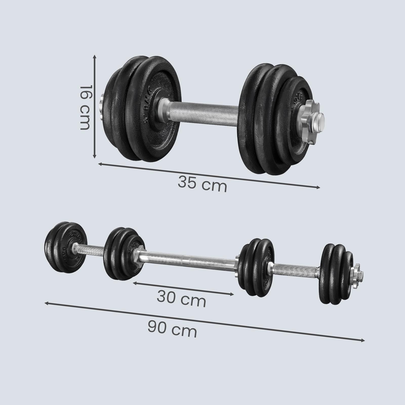 Reguliuojamas hantelių rinkinys, 2 x 15 kg, ketaus, juodas, su jungiamuoju vamzdžiu - Image 3