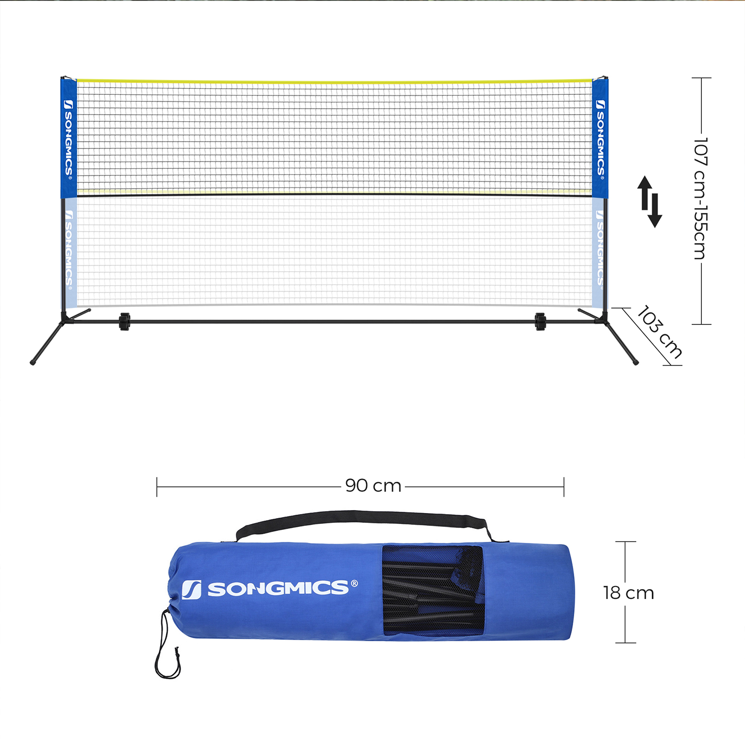 Badmintona tīkls ar regulējamu augstumu, 400 x 103 x 90–155 cm, zils-dzeltens - Image 7