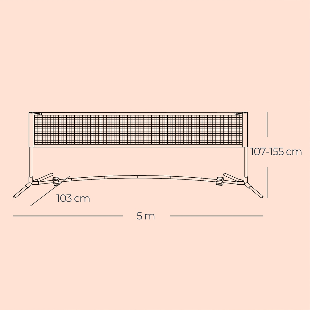 Badmintono tinklas 500 cm, reguliuojamo aukščio, su metaliniu rėmu ir krepšiu - Image 5