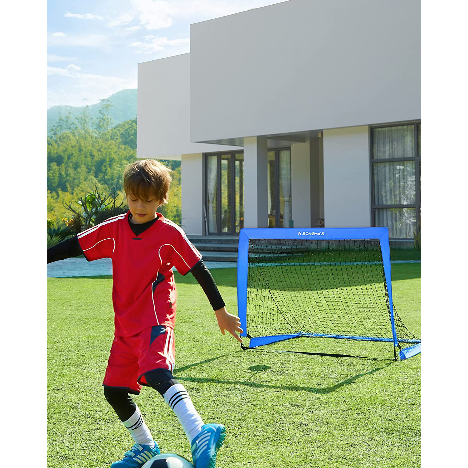 Vaikiški futbolo vartai, 2 vnt. rinkinys, iššokantys, mėlyni, 90 x 120 x 90 cm - Image 2