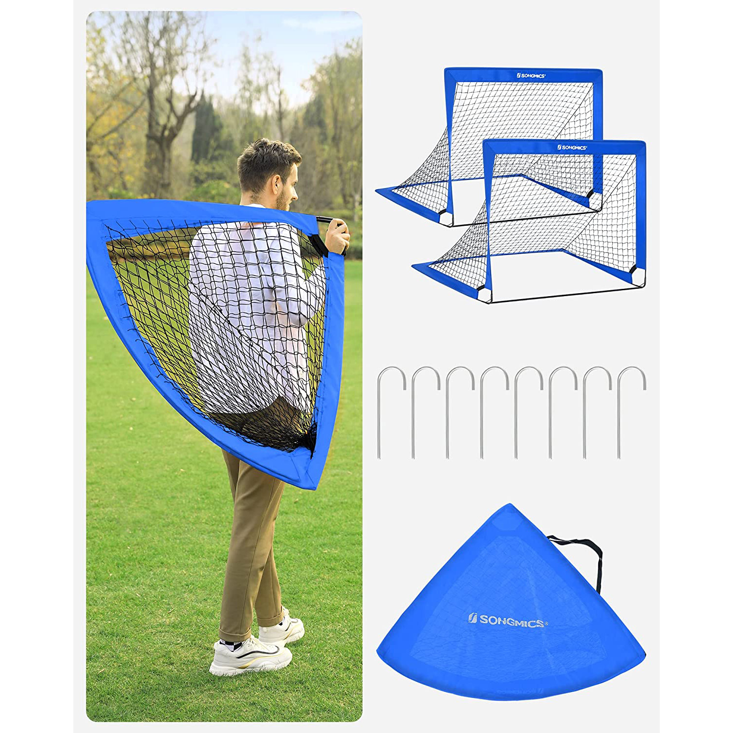 Vaikiški futbolo vartai, 2 vnt. rinkinys, iššokantys, mėlyni, 90 x 120 x 90 cm - Image 5