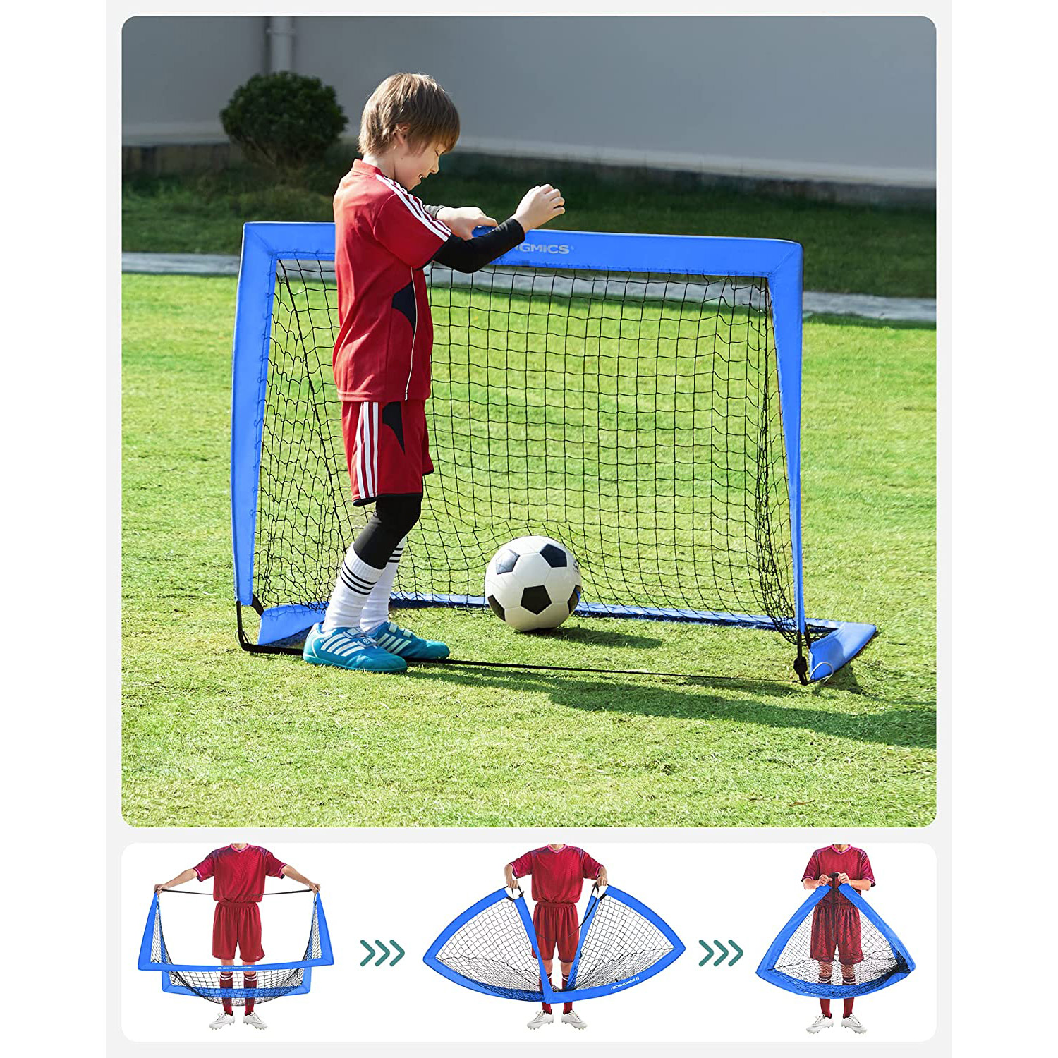 Vaikiški futbolo vartai, 2 vnt. rinkinys, iššokantys, mėlyni, 90 x 120 x 90 cm - Image 8