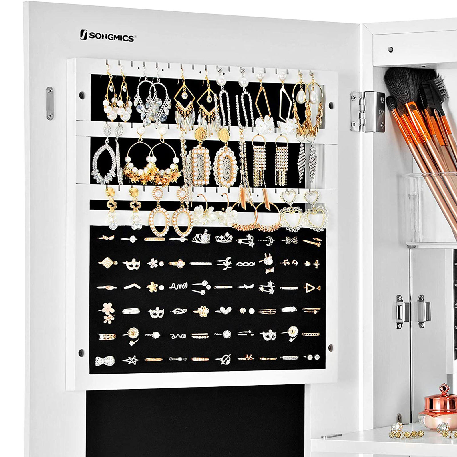 Papuošalų spintelė su berėmėmis veidrodžio durimis, balta, MDF, 37 x 110 x 9,5 cm - Image 5