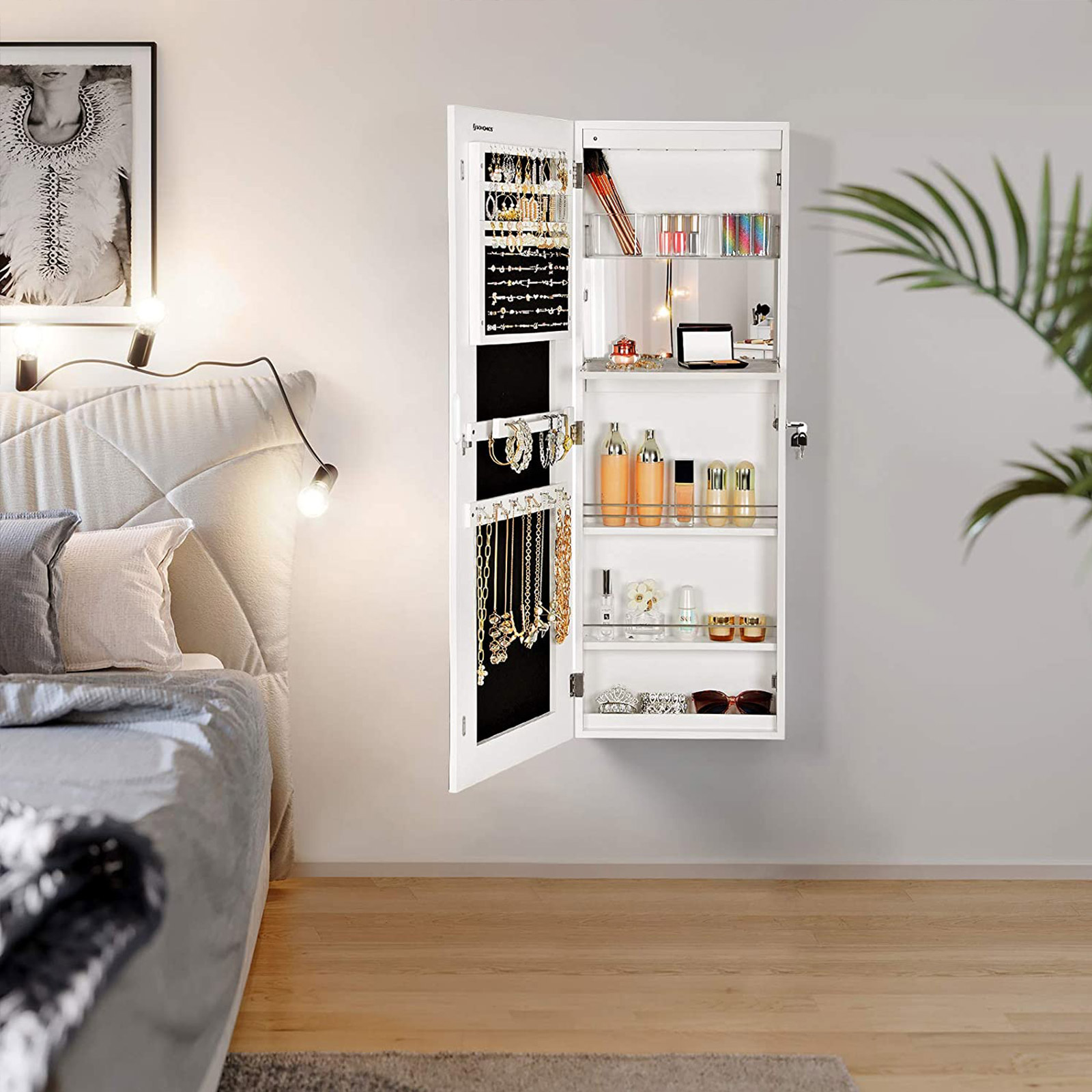 Papuošalų spintelė su berėmėmis veidrodžio durimis, balta, MDF, 37 x 110 x 9,5 cm - Image 4