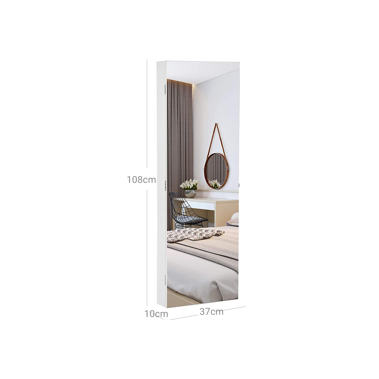 Papuošalų spintelė su berėmėmis veidrodžio durimis, balta, MDF, 37 x 110 x 9,5 cm - Image 7