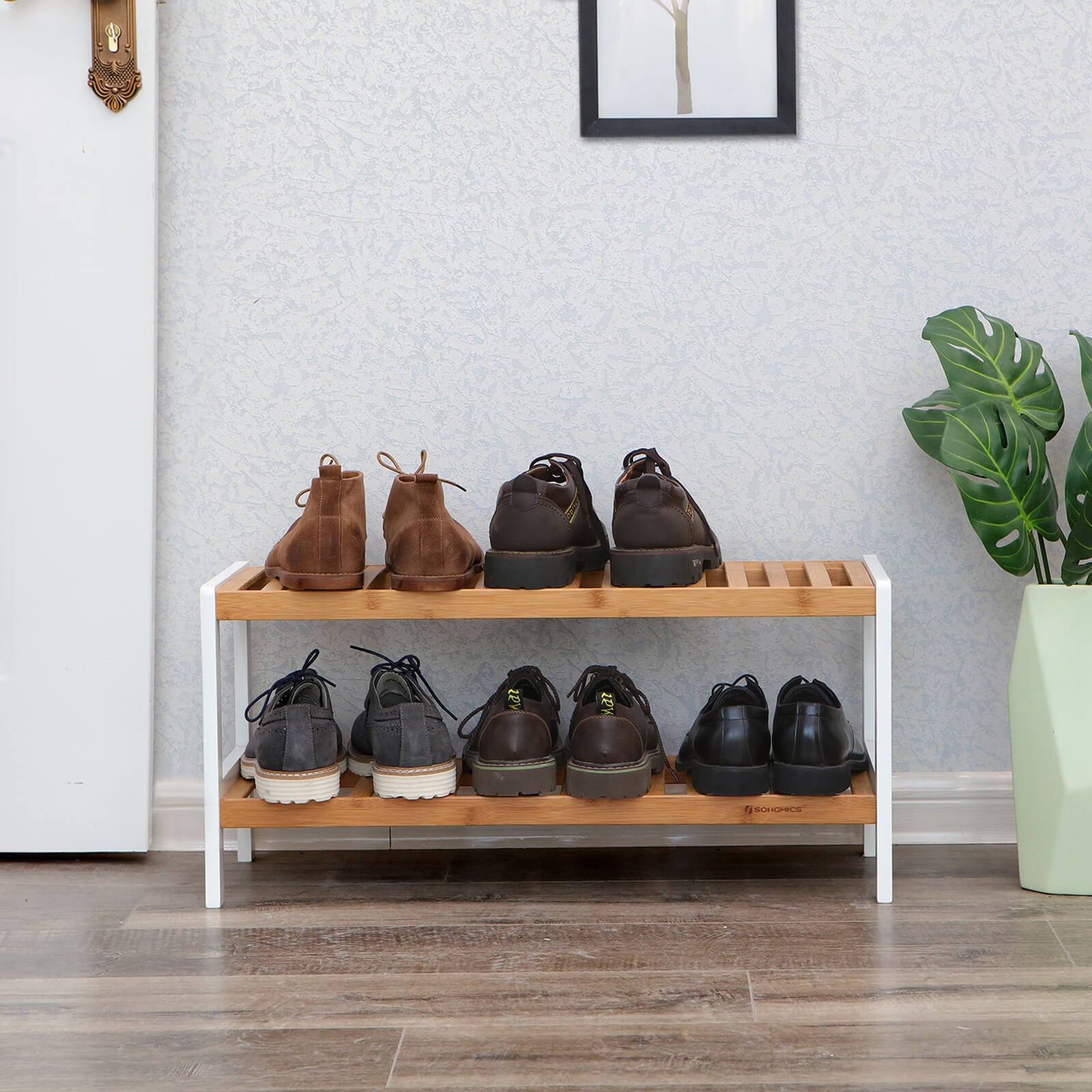 Bambuinen kenkäteline, 2 tasoa, valkoinen/luonnonvärinen, 70 x 33 x 26 cm - Image 5