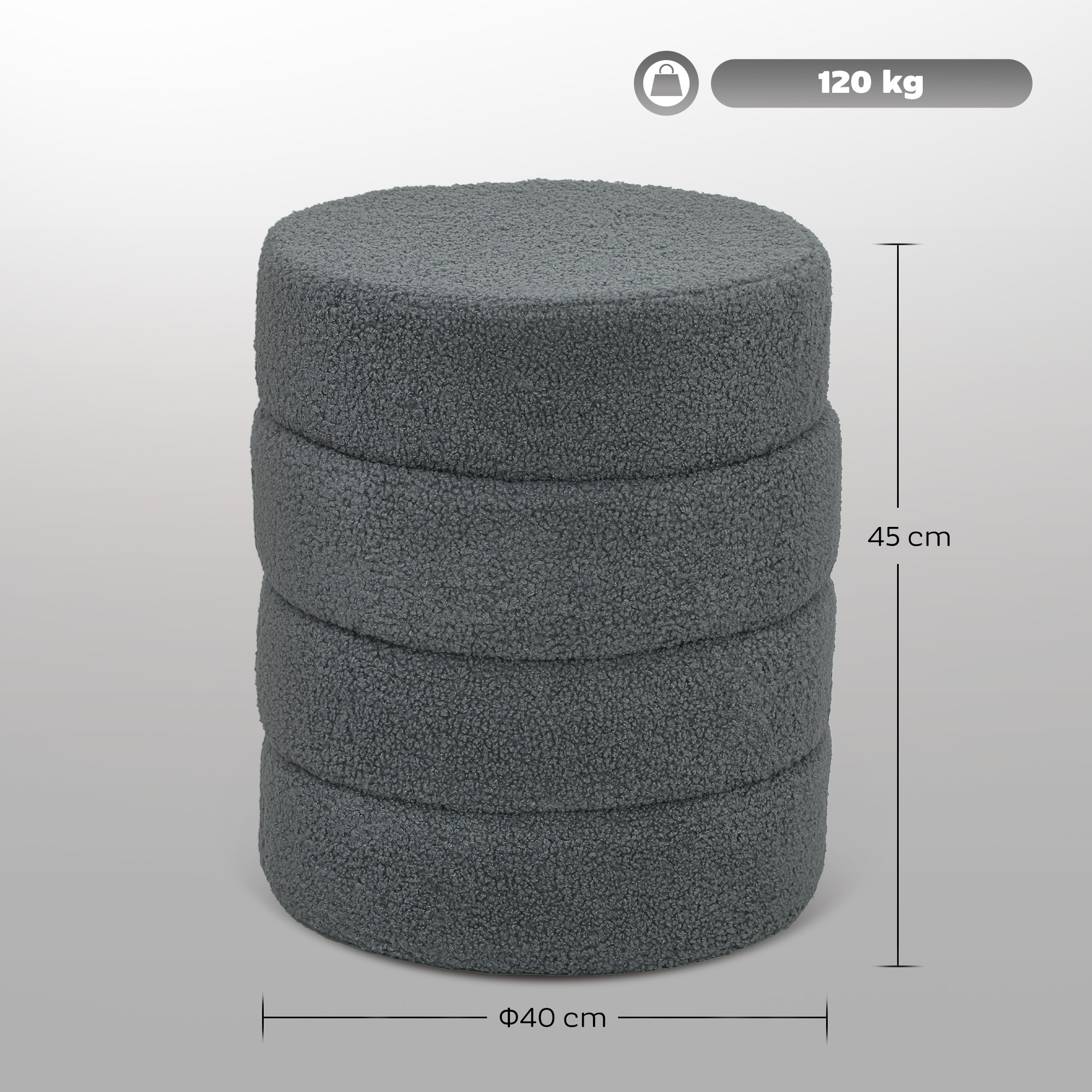 Apvalus pufas, teddy fleece, tamsiai pilkas, Ø40 x 45 cm, iki 120 kg - Image 3