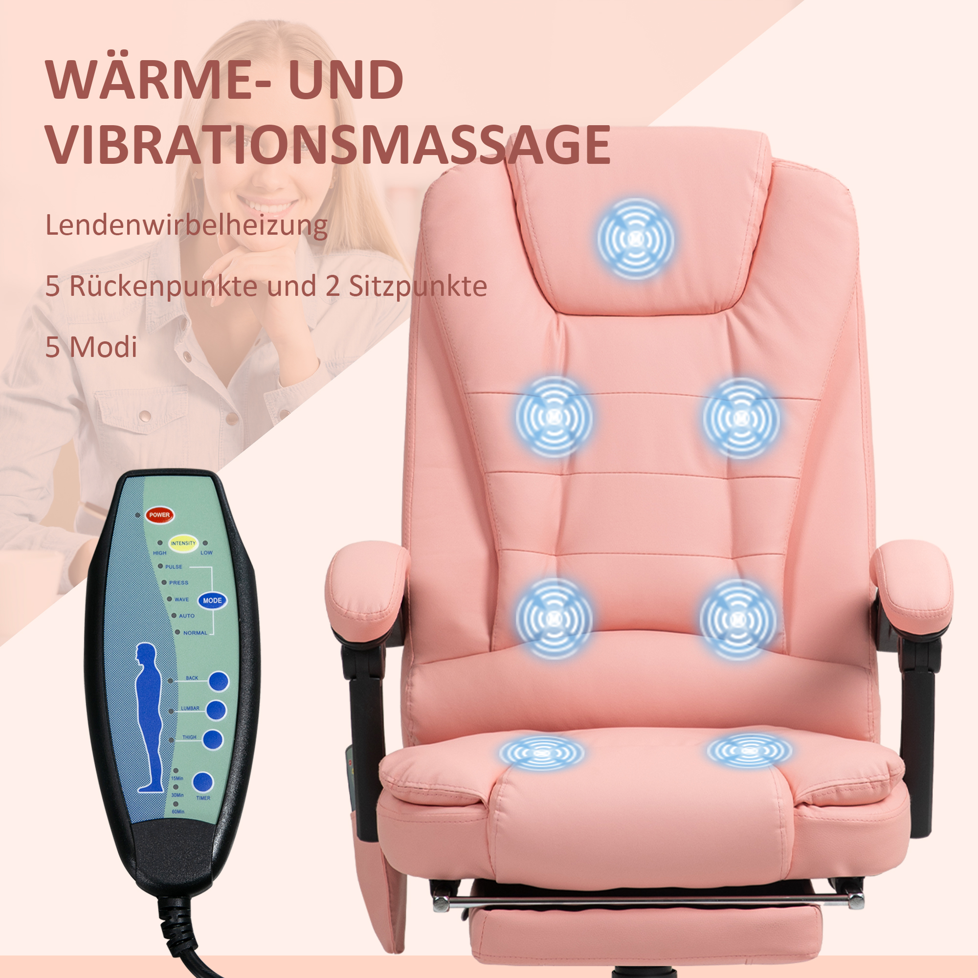 Masāžas biroja krēsls, 7 vibrācijas punkti, regulējams kāju balsts un atzveltne, līdz 120 kg, mākslīgā āda, rozā - Image 4