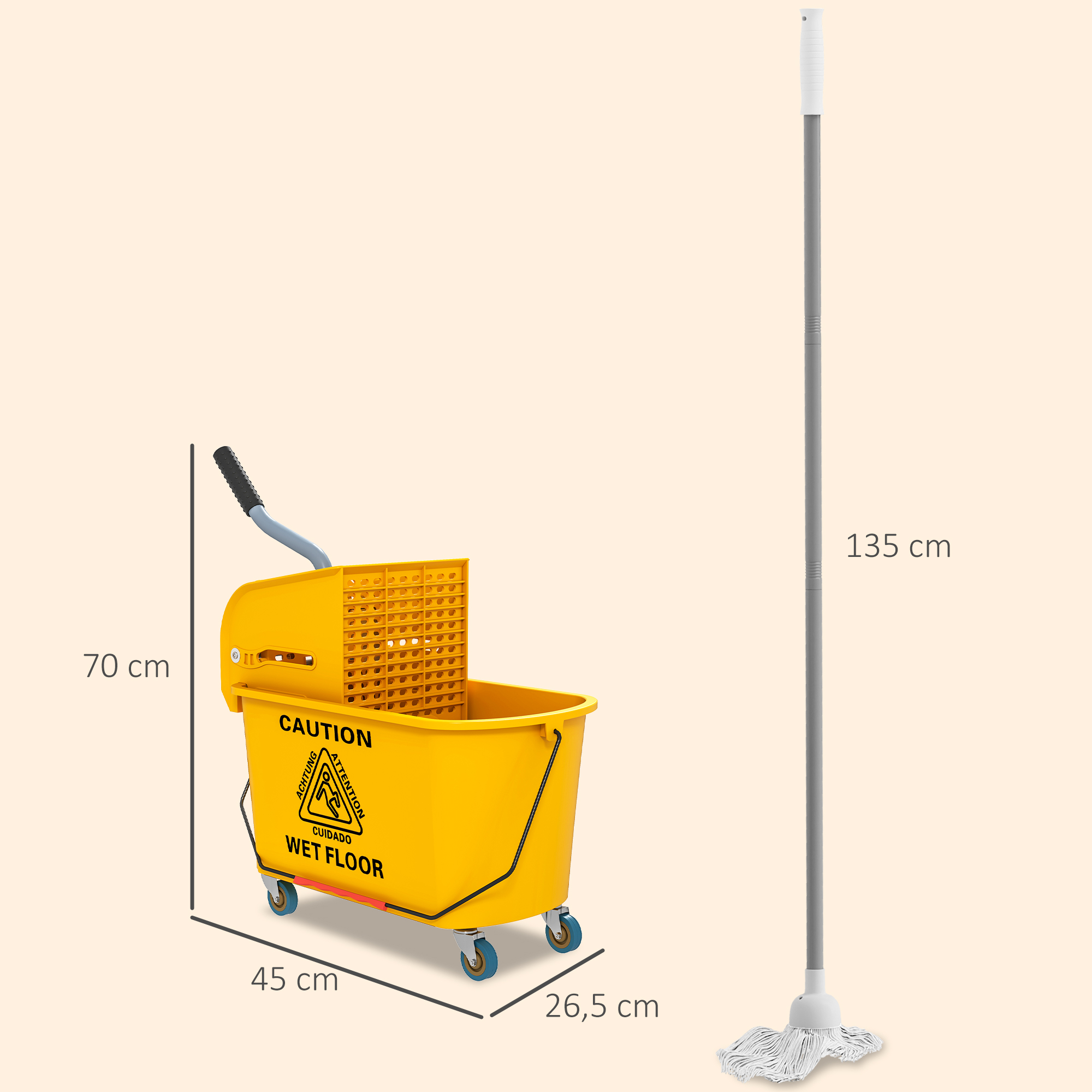 Tīrīšanas ratiņi ar presi, 20 l, dzelteni, plastmasa, 45 x 26,5 x 70 cm - Image 3