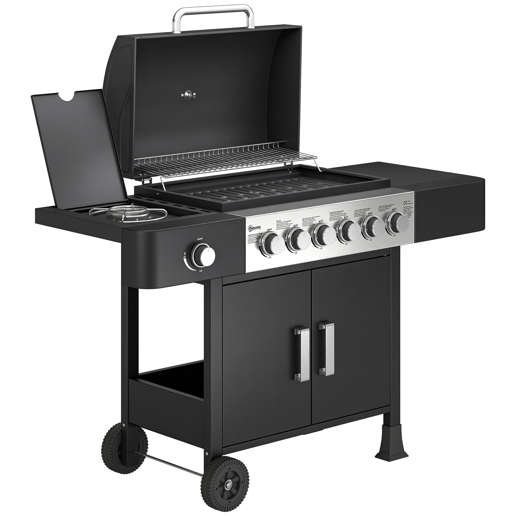 Gaasigrill käruga, 17,8 kW, 6+1 põletit, must, 135 x 51 x 101 cm
