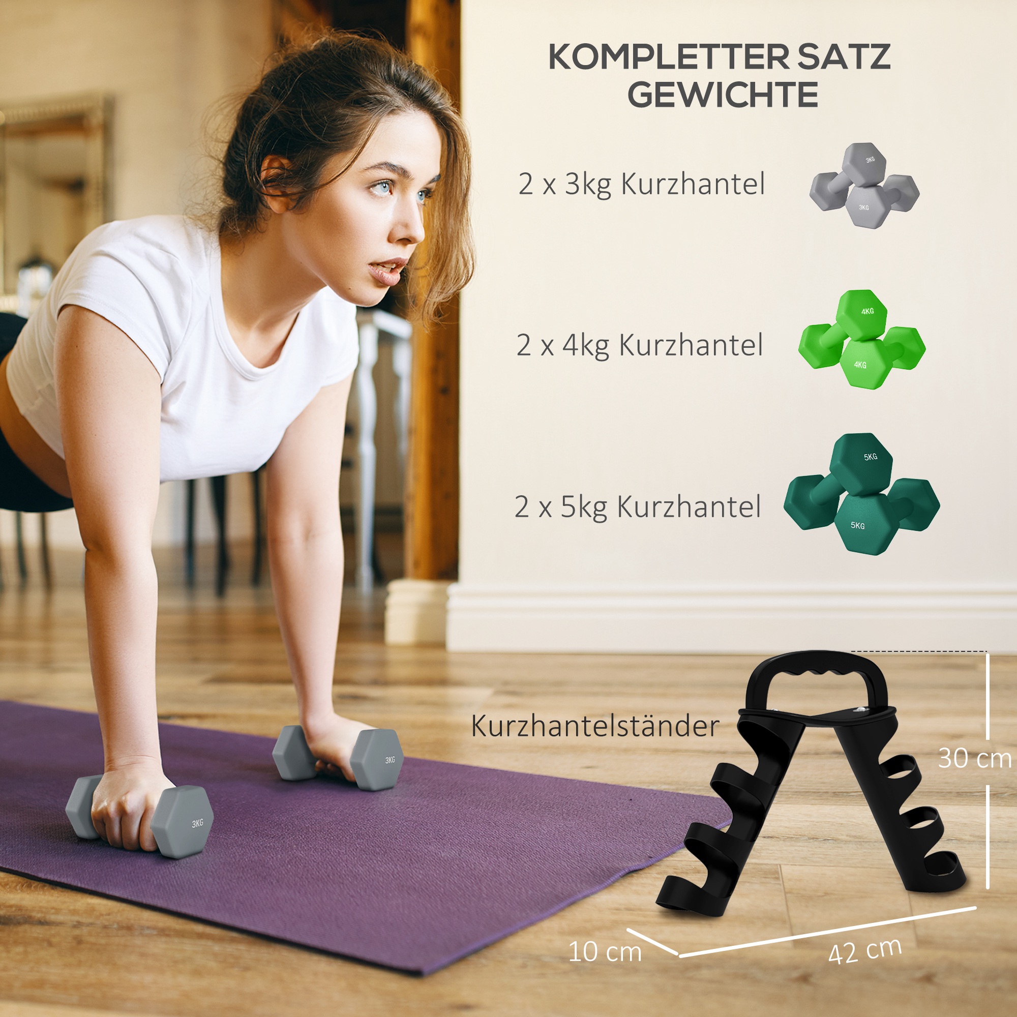 Hantelių rinkinys su laikymo stovu, 6 hanteliai, 2 x 3 kg, 2 x 4 kg, 2 x 5 kg - Image 4