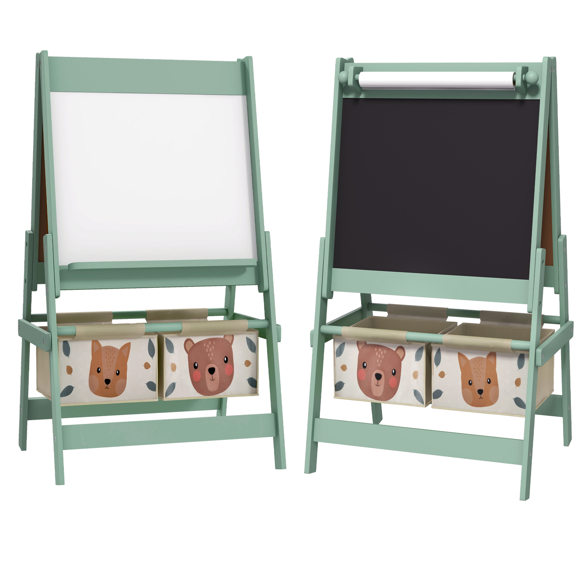 3-in-1 laste molbert paberirulli, kriiditahvli, valge tahvli ja hoiukorvidega, 54 x 46,5 x 93 cm, roheline