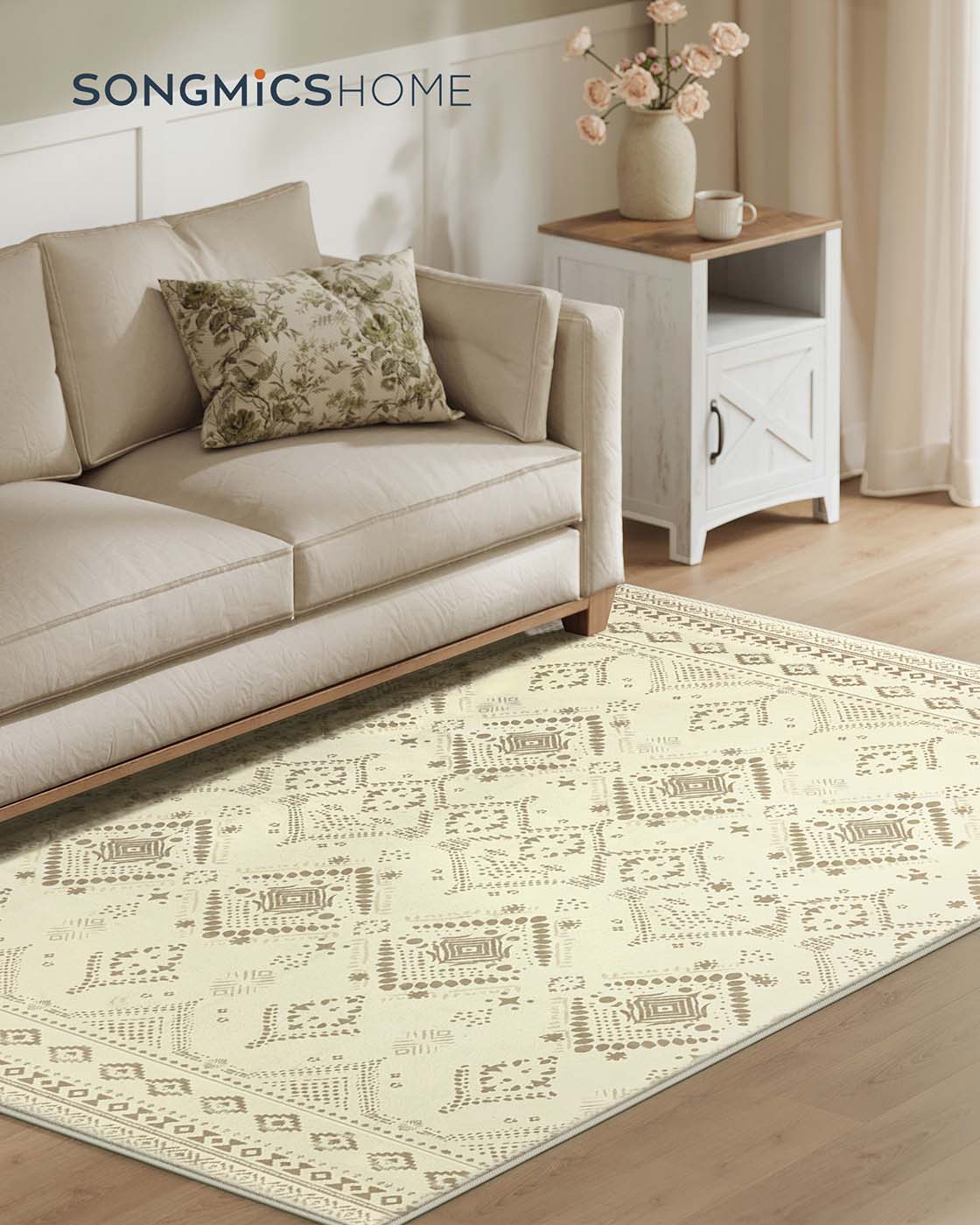 Boho kilimas, 120 x 170 cm, pūkuotas, smėlio smėlinės spalvos - Image 2
