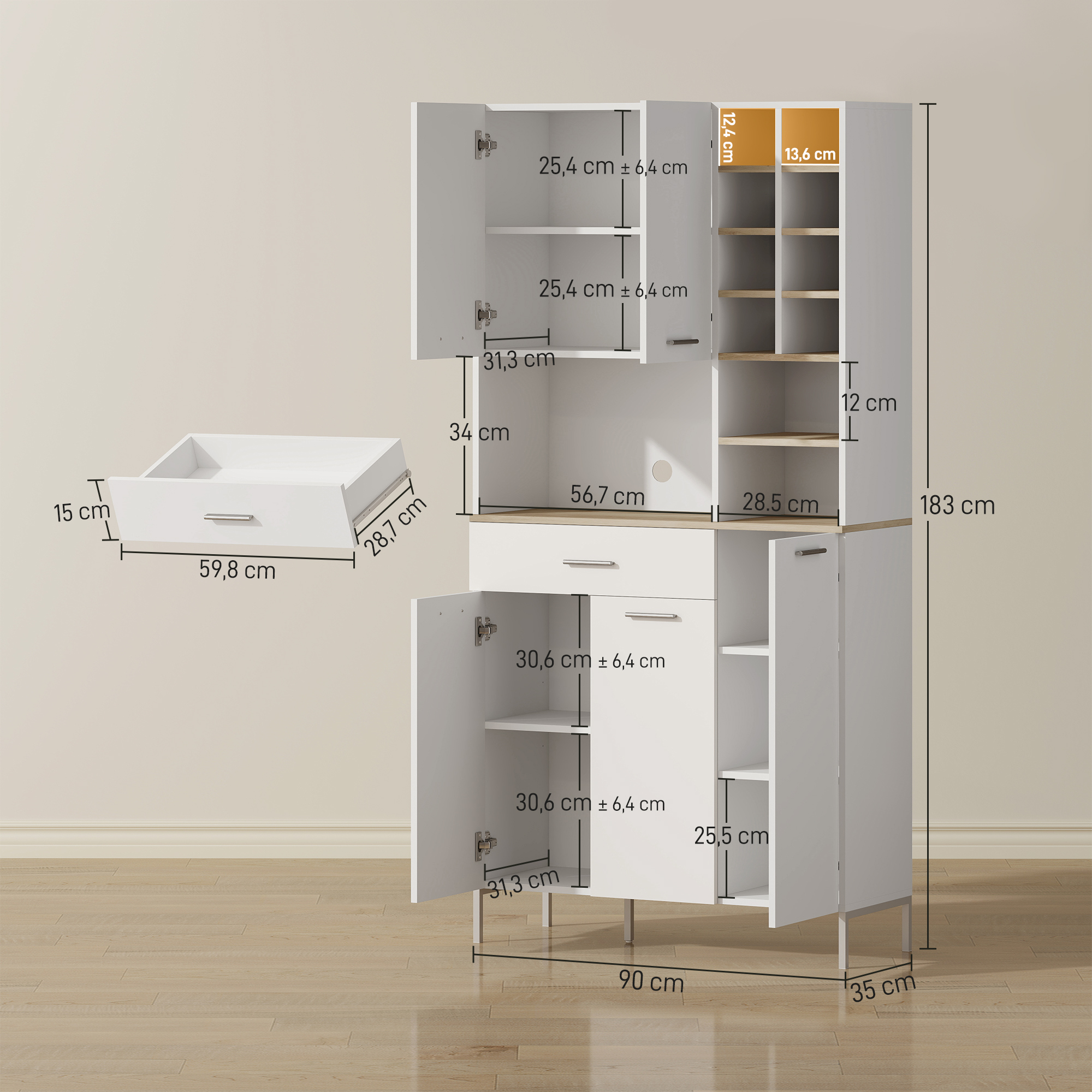 Virtuvės spintelė su atviromis lentynomis, 5 durelėmis, MDF, balta, 90 x 35 x 183 cm - Image 3