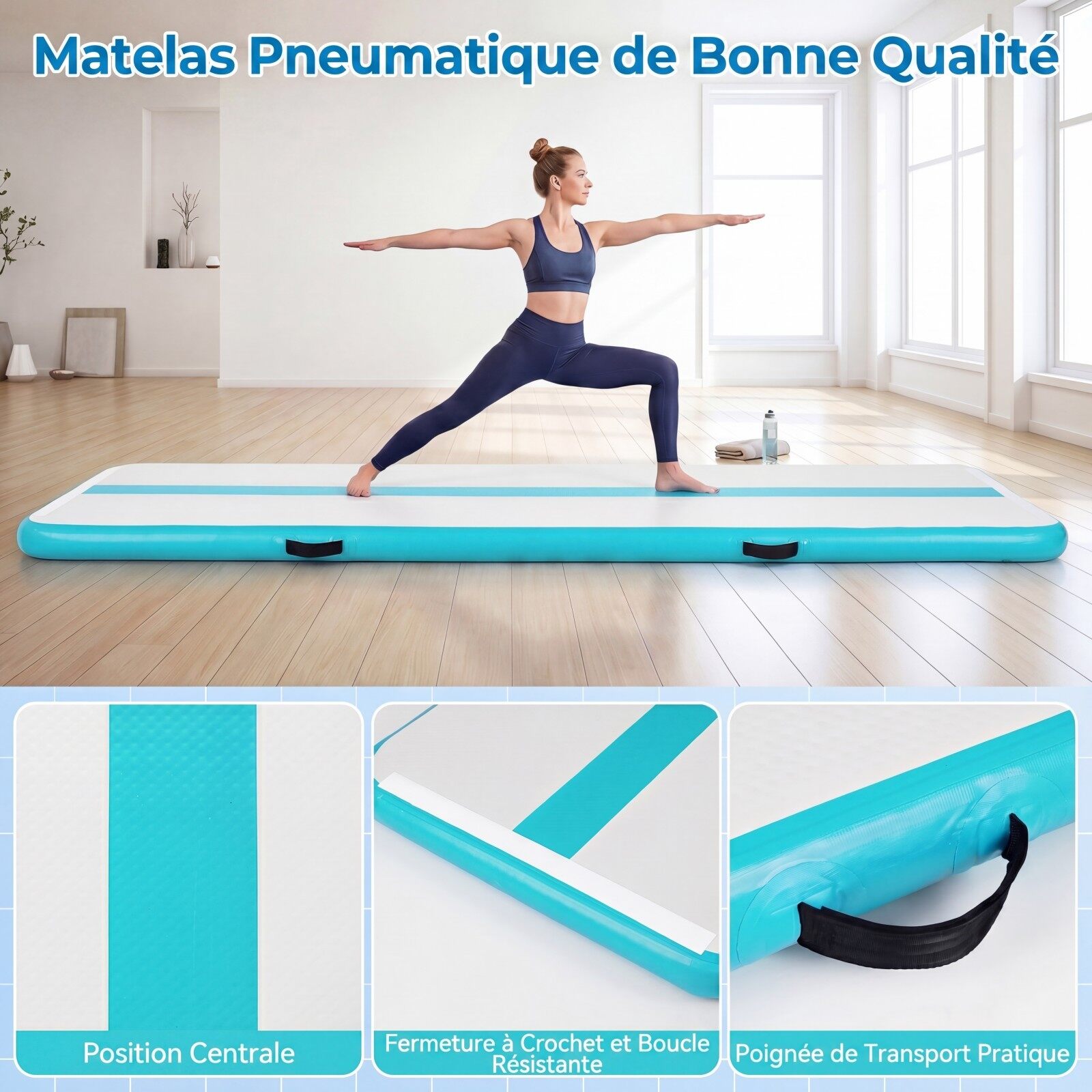 Pripučiamas gimnastikos kilimėlis, PVC, žalias, 297 x 98 x 11 cm, su elektriniu siurbliu ir krepšiu
