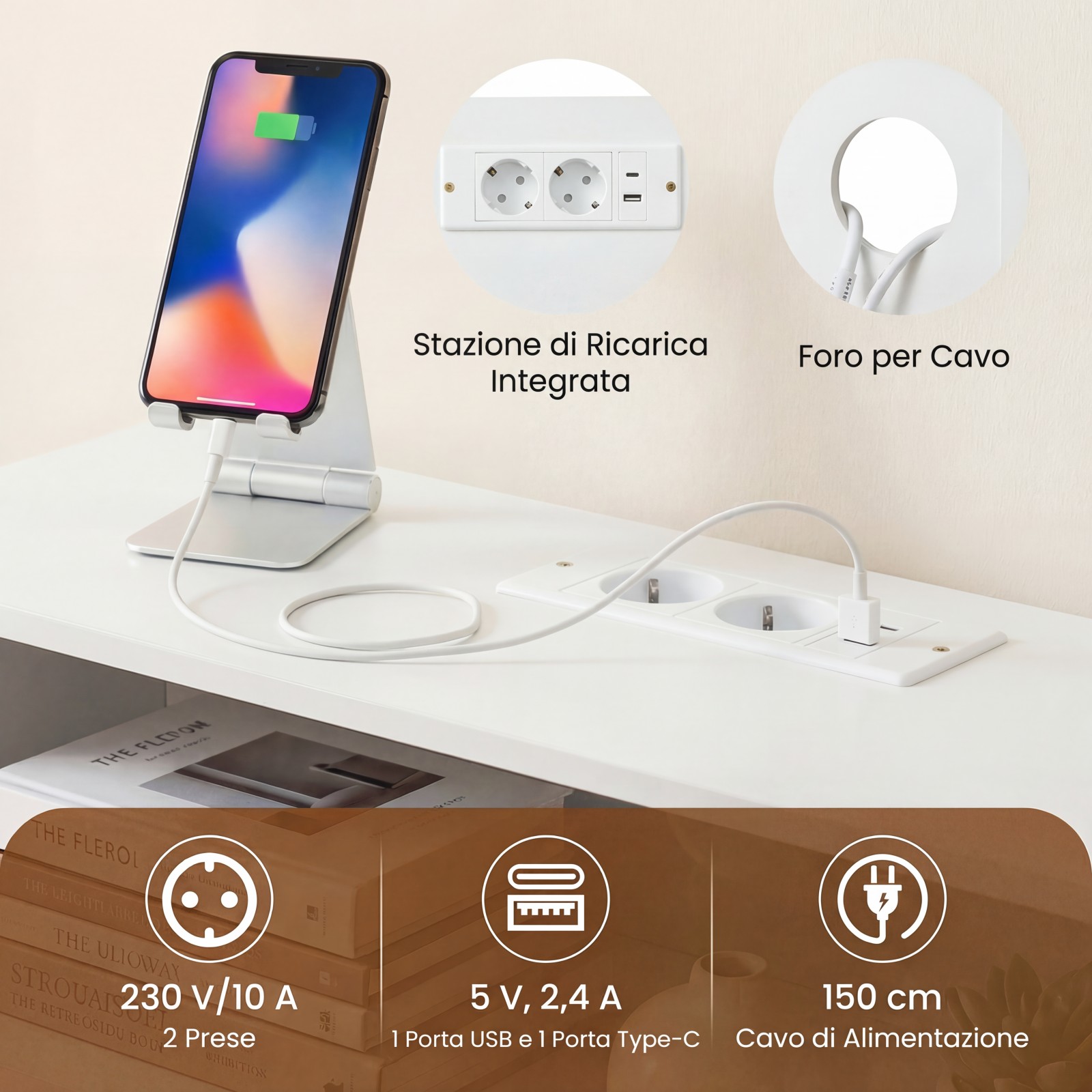 Konsoles galds ar LED apgaismojumu un 3 līmeņu uzlādes staciju 100x20x86.5cm, balts