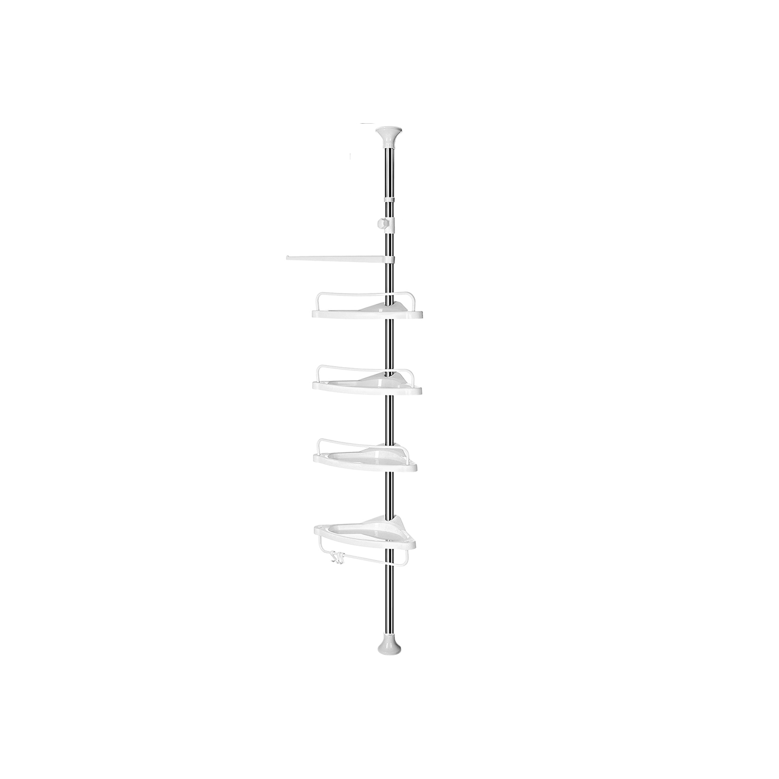 Dušinurga riiul, reguleeritav kõrgus 95-300 cm, 4 riiulit, 3 konksu, valge-hõbedane