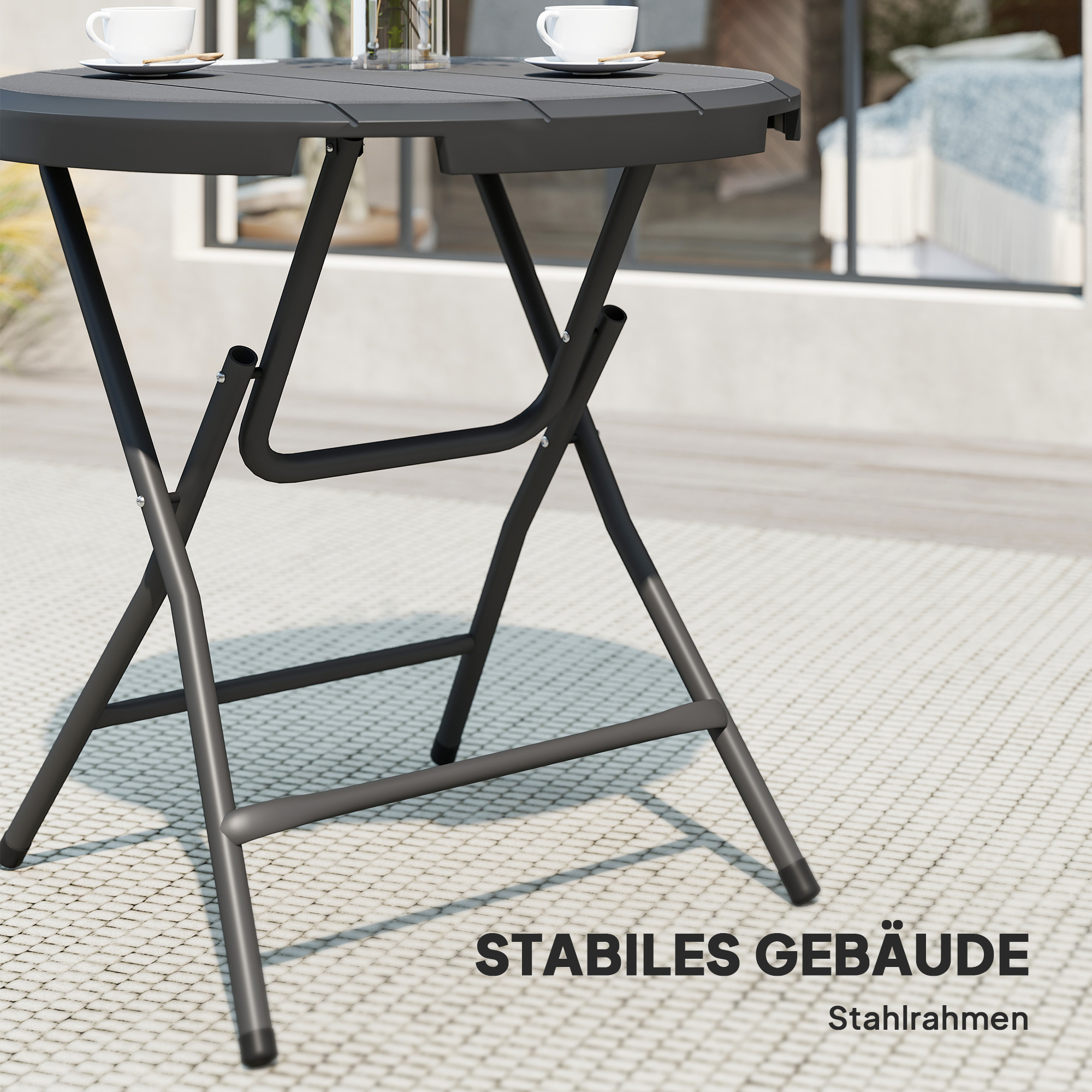 Apvalus sulankstomas sodo stalas 4 asmenims, medienos imitacija, plienas ir HDPE, tamsiai pilkas, 80 x 80 x 73 cm - Image 6