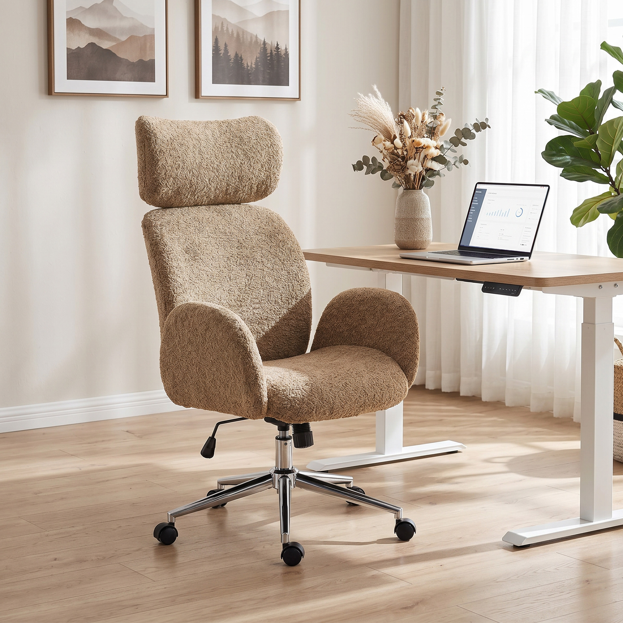 Biroja krēsls ar regulējamu galvas balstu, ergonomisks, šūpošanās funkcija, brūns, 115-123 cm - Image 2