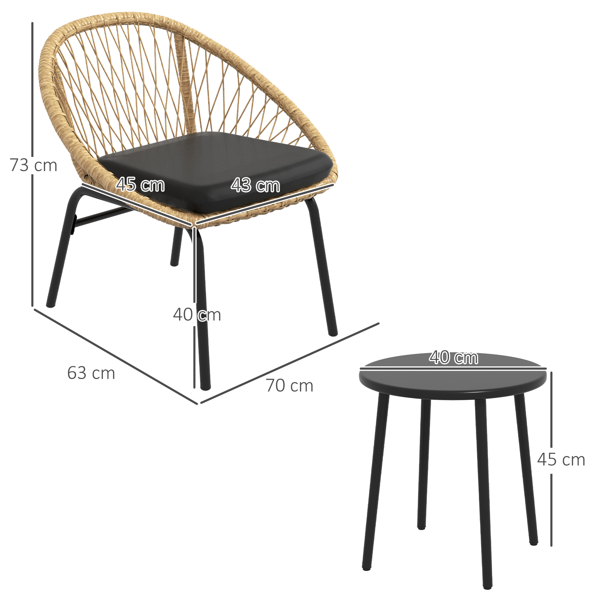 3 dalių terasos bistro komplektas, geltonas ir juodas, 2 kėdės ir staliukas - Image 3