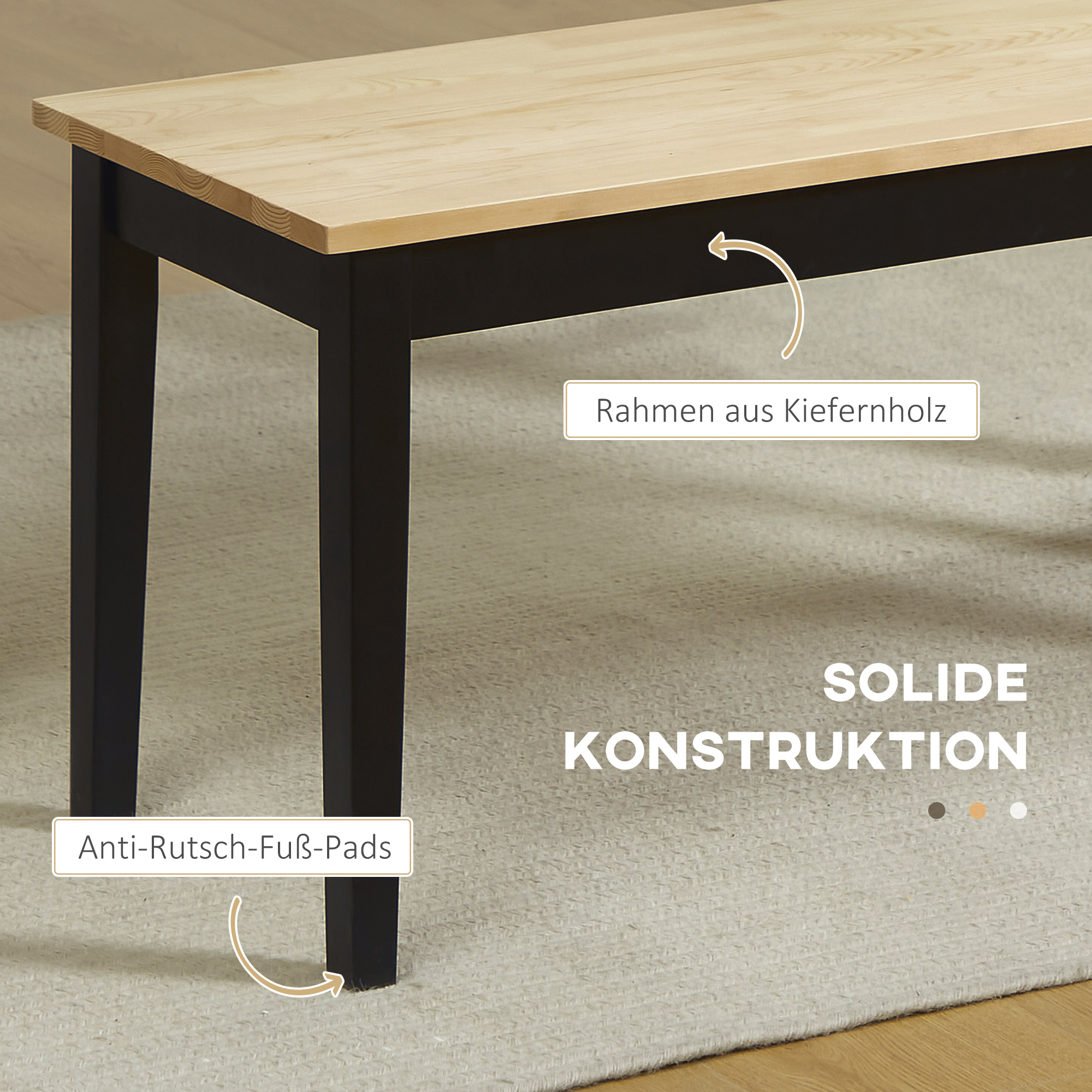 Moderni suoliukas 2 asmenims, pušies mediena, natūrali ir juoda, 102 x 36 x 45 cm - Image 5