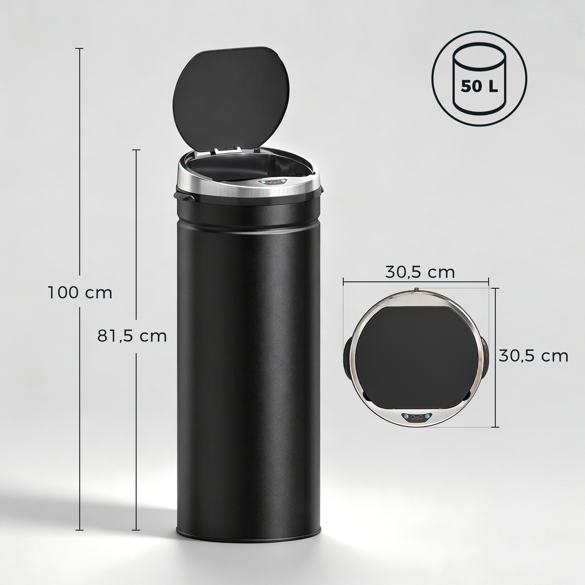 50 l sensorilla varustettu roskakori, automaattinen, ruostumaton teräs, musta/hopea, 30,5 x 30,5 x 81,5 cm - Image 3