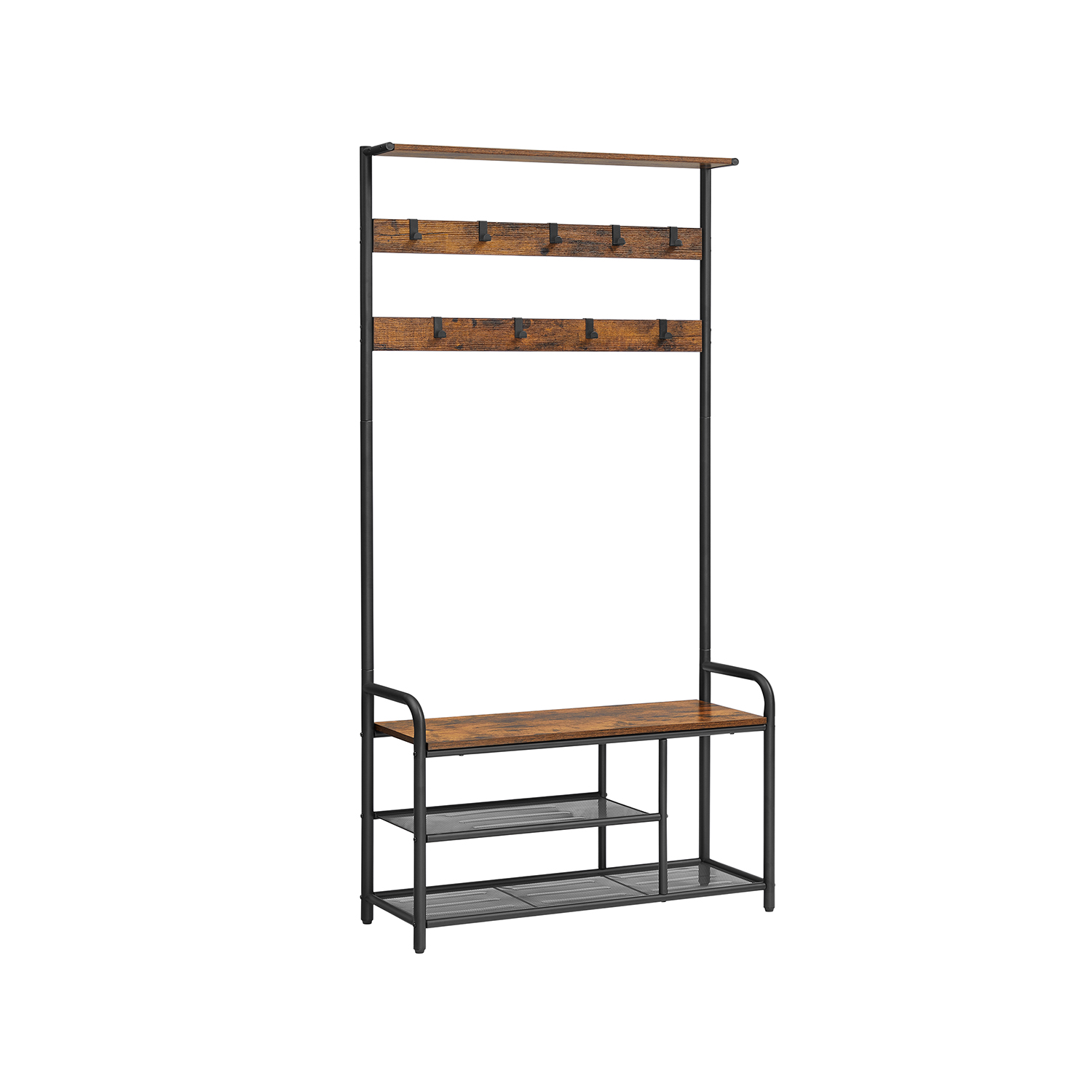Prieškambario kabykla su suoliuku, 85 x 30 x 180,5 cm, 9 nuimami kabliukai, ruda-juoda