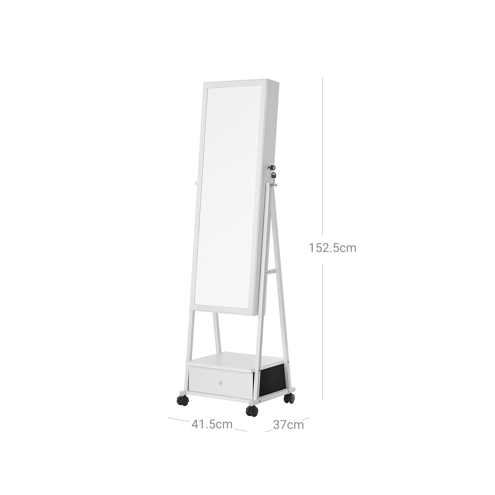 Slēdzams rotaslietu skapis ar spoguli, atvilktni un ritentiņiem, 41,5 x 37 x 152,5 cm, balts - Image 7