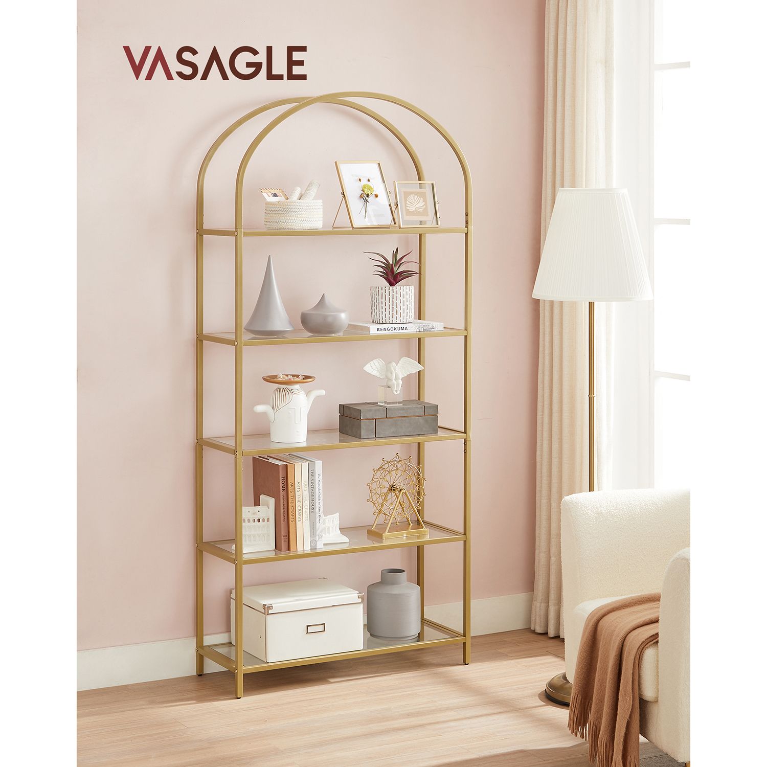 Kirjahylly 5 karkaistua lasihyllyä, 30,2 x 83 x 183,5 cm, kullanvärinen läpinäkyvä - Image 2