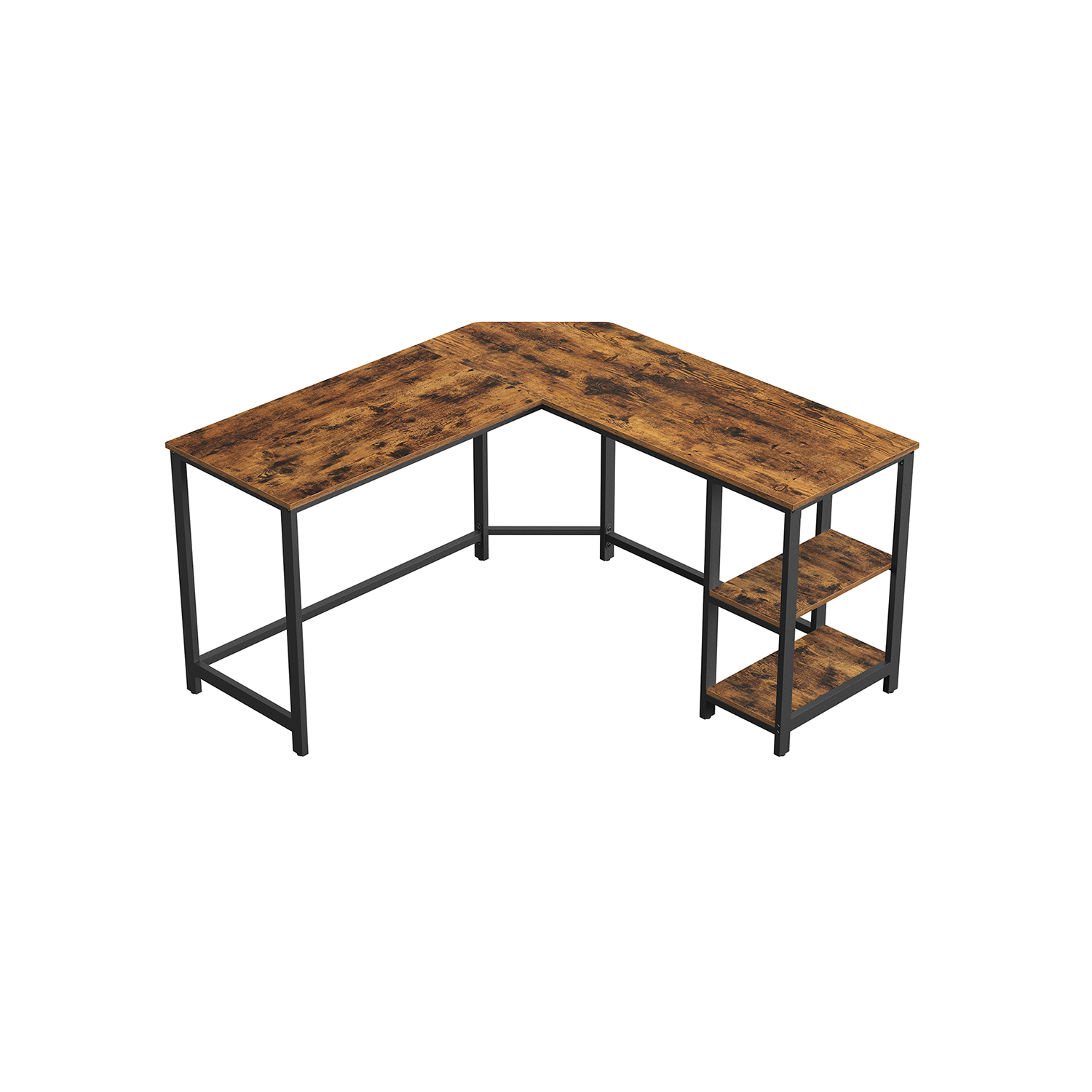 L-muotoinen tietokonepöytä, 138 x 138 x 75 cm, 2 hyllyä, vintage-ruskea-musta