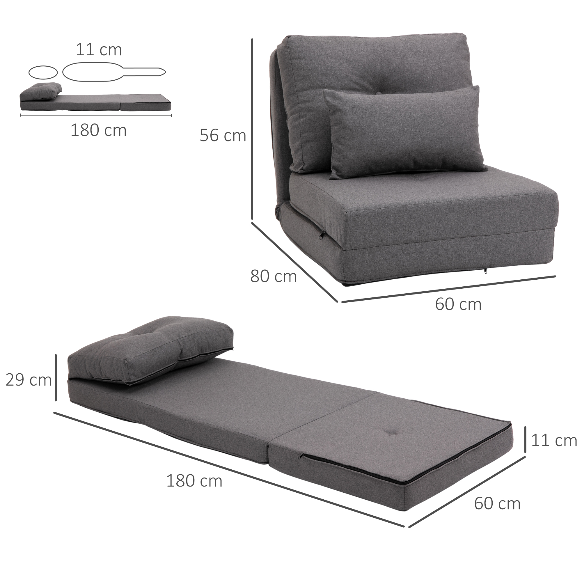 Saliekama grīdas sofa-gulta, tumši pelēka, 60 x 80 x 56 cm - Image 3