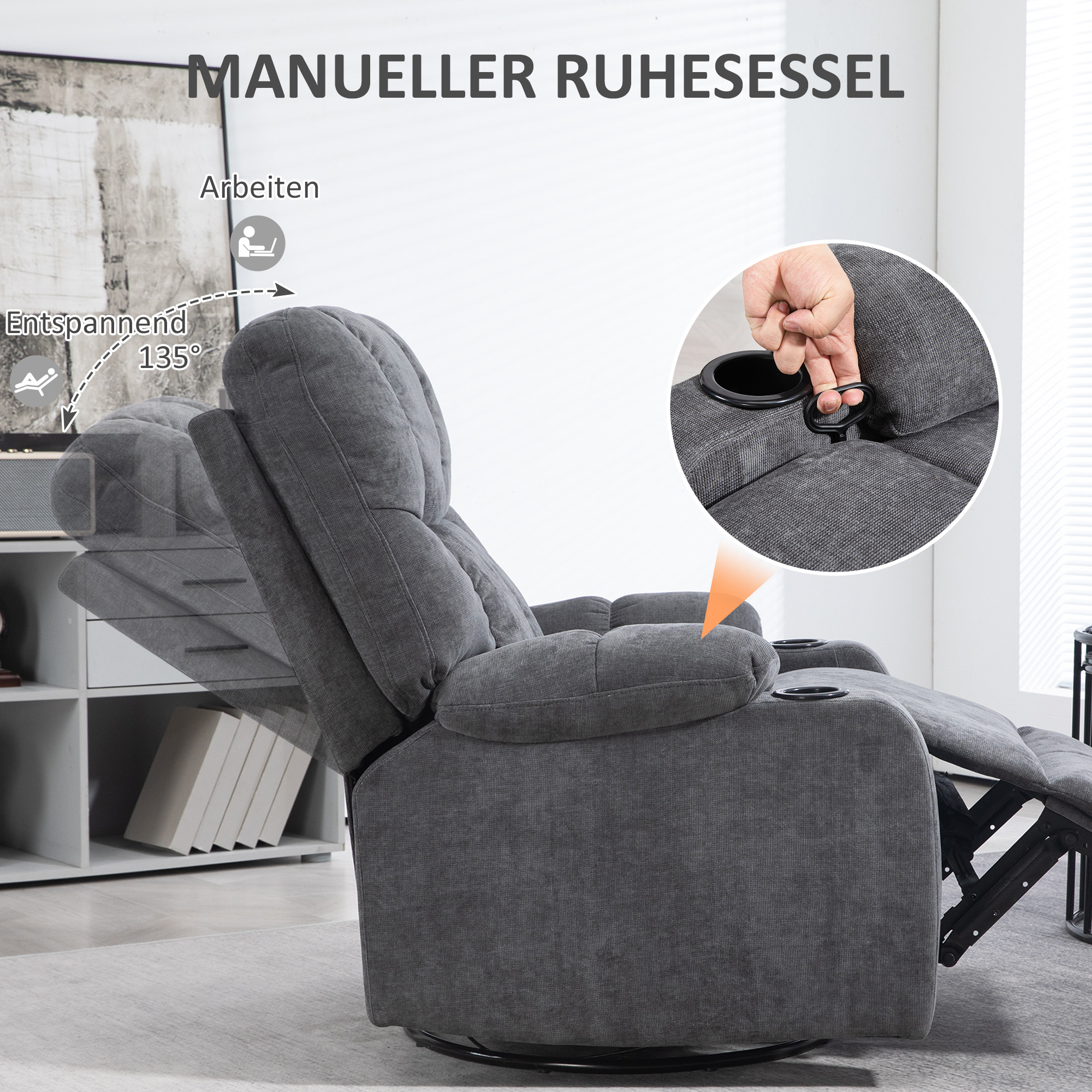 Recliner armchair su pakoja, sukamas, tamsiai pilkas, 150 kg, 88 x 96 x 108 cm - Image 4