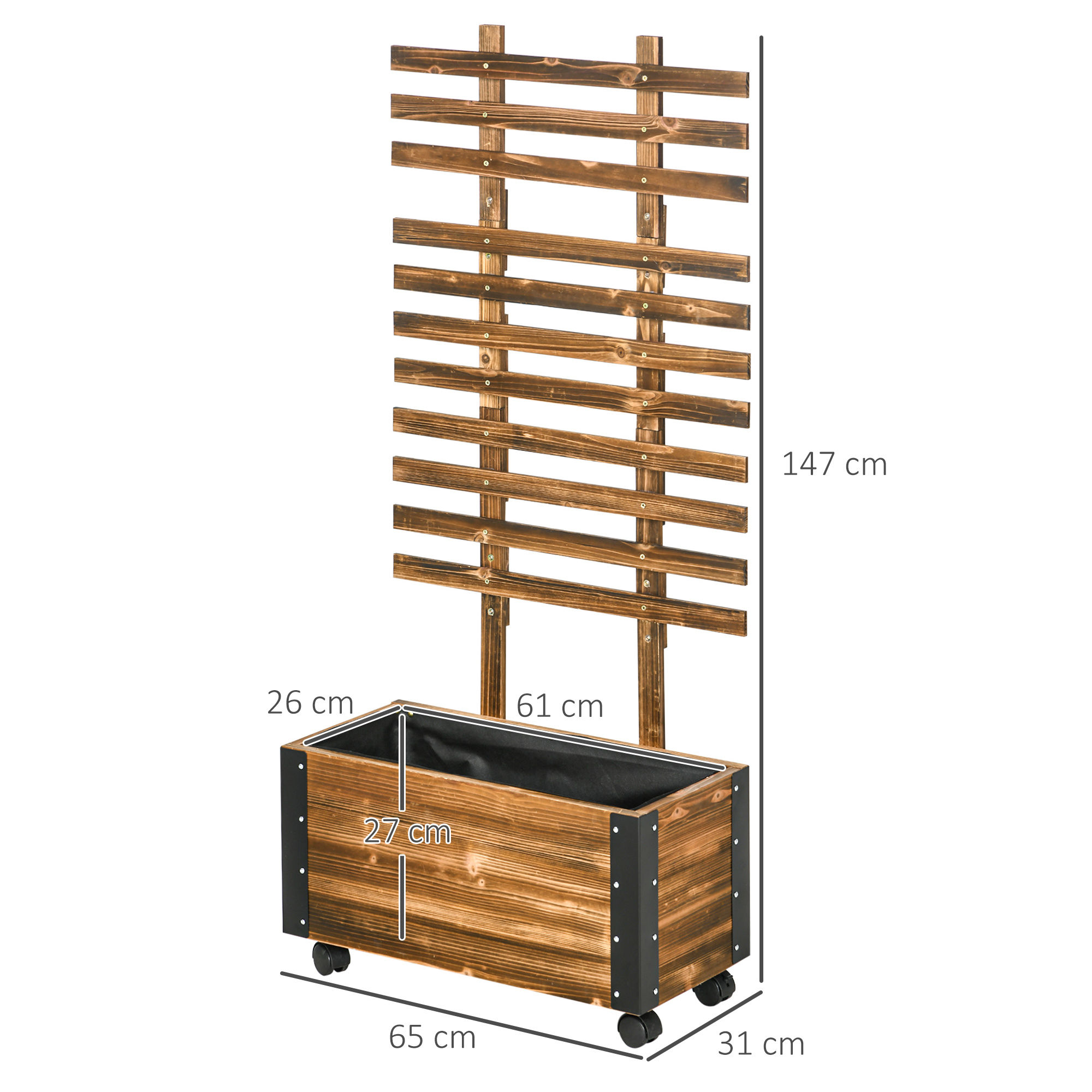 Pakelta lysvė su atrama vijokliniams augalams, 4 ratukai, impregnuota tvirta eglės mediena, 65 x 31 x 147 cm, juoda + ruda - Image 3